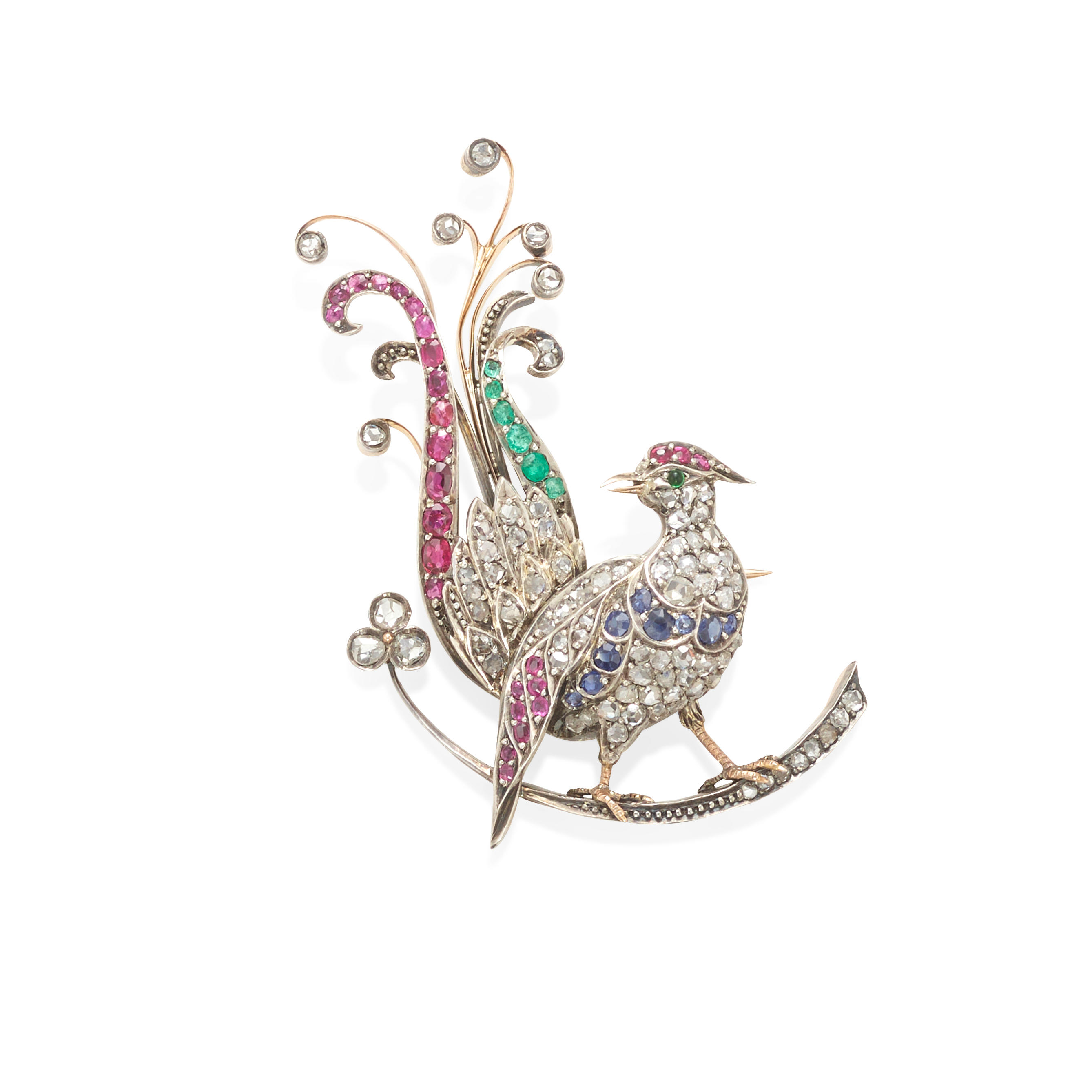 Appraisal: A SILVER-TOPPED GOLD DIAMOND AND GEM-SET BROOCH WITH K GOLD