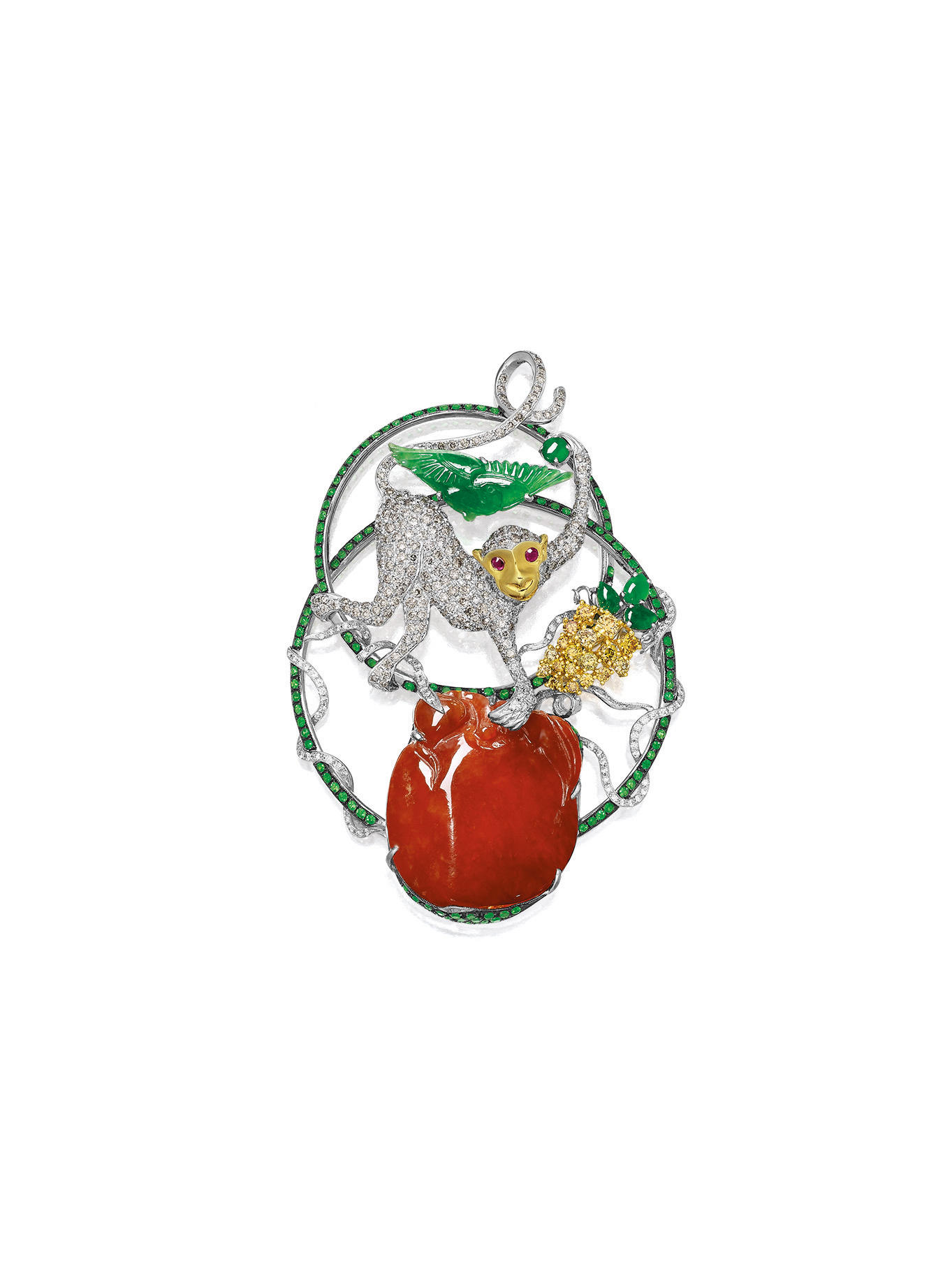 Appraisal: RED JADEITE JADEITE GEM-SET AND DIAMOND 'MONKEY AND PEACH' PENDANT