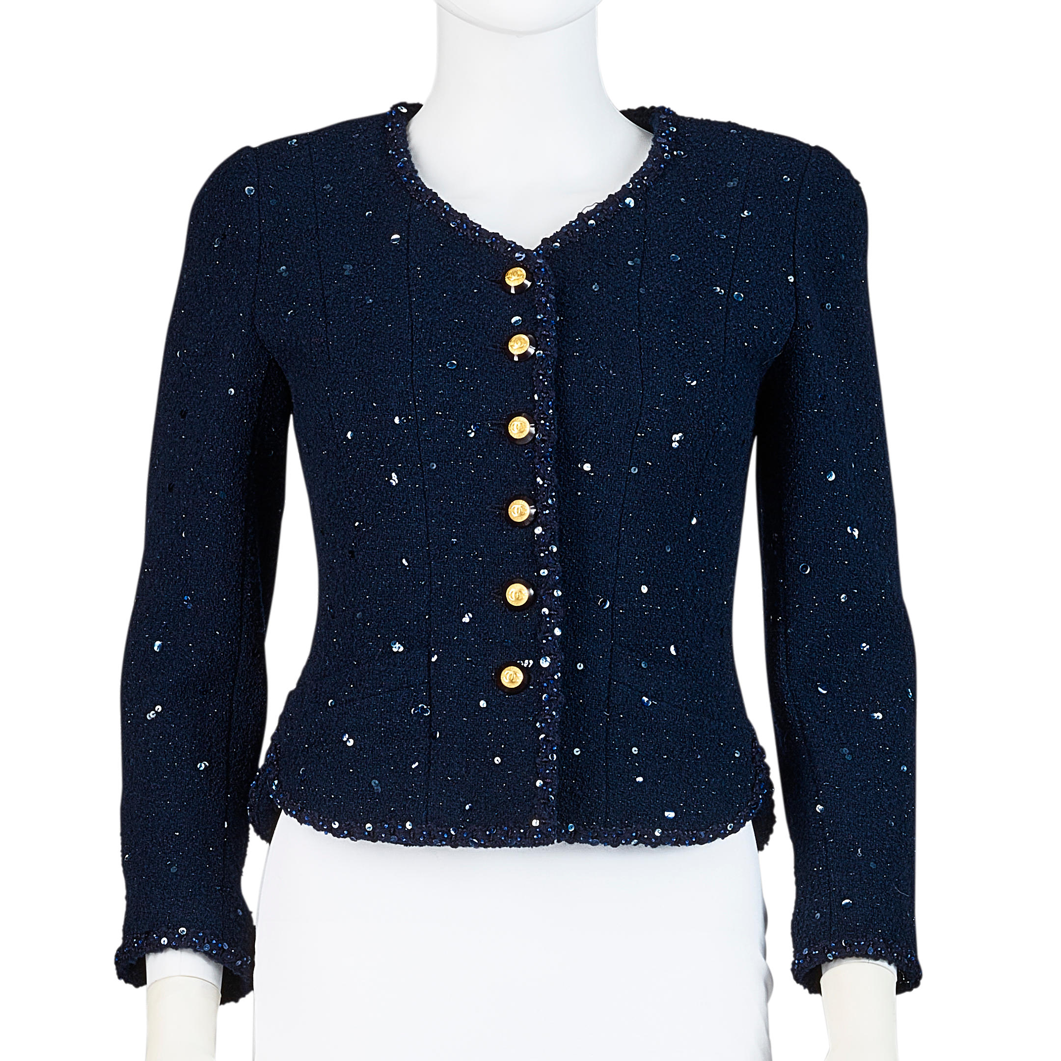 Appraisal: CHANEL EMBELLISHED EVENING JACKET Fall Look Marked Size Navy Sequin