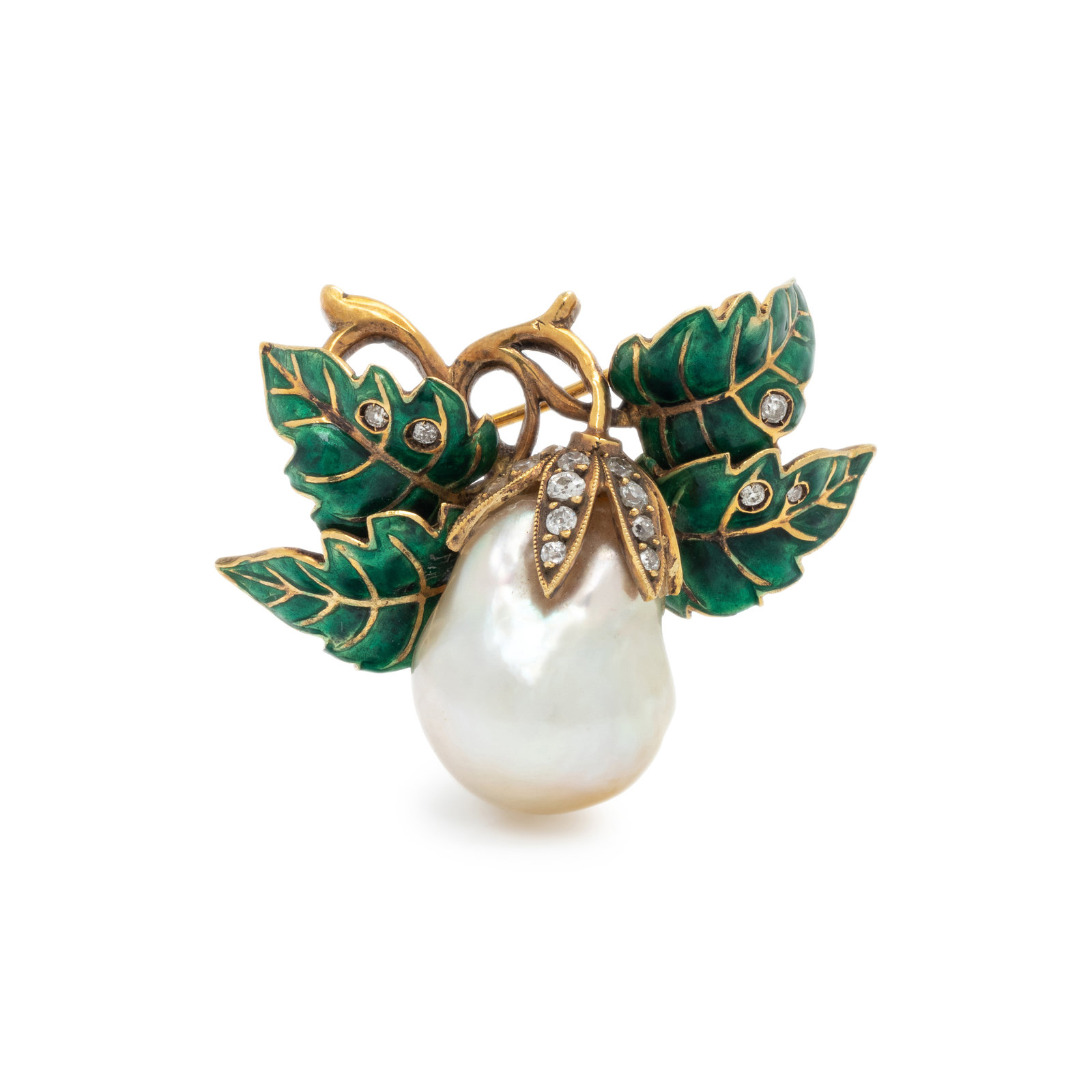 Appraisal: EVELYN CLOTHIER CULTURED BAROQUE PEARL DIAMOND AND ENAMEL BROOCH Containing