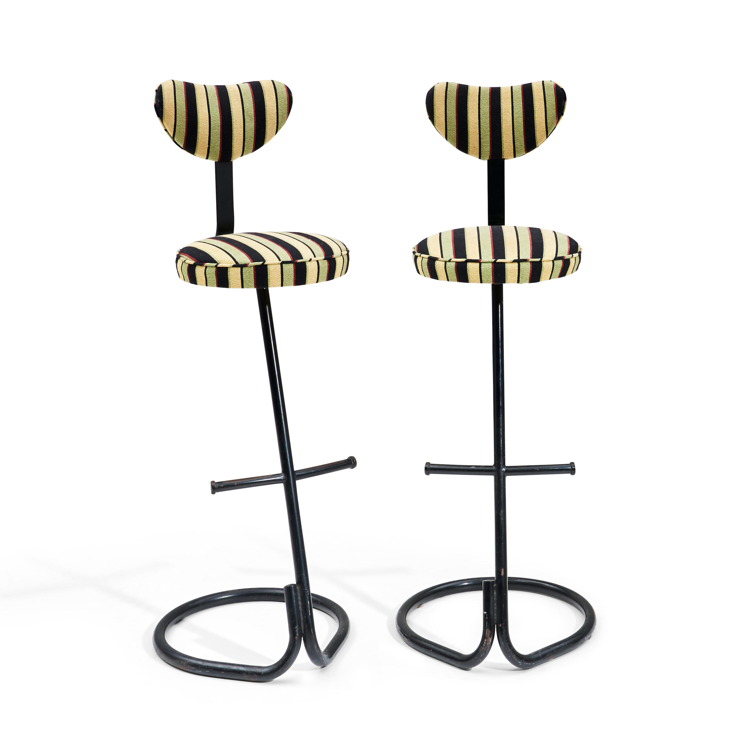 Appraisal: PAIR OF ART DECO-STYLE STRIPED UPHOLSTERED BAR STOOLS with black