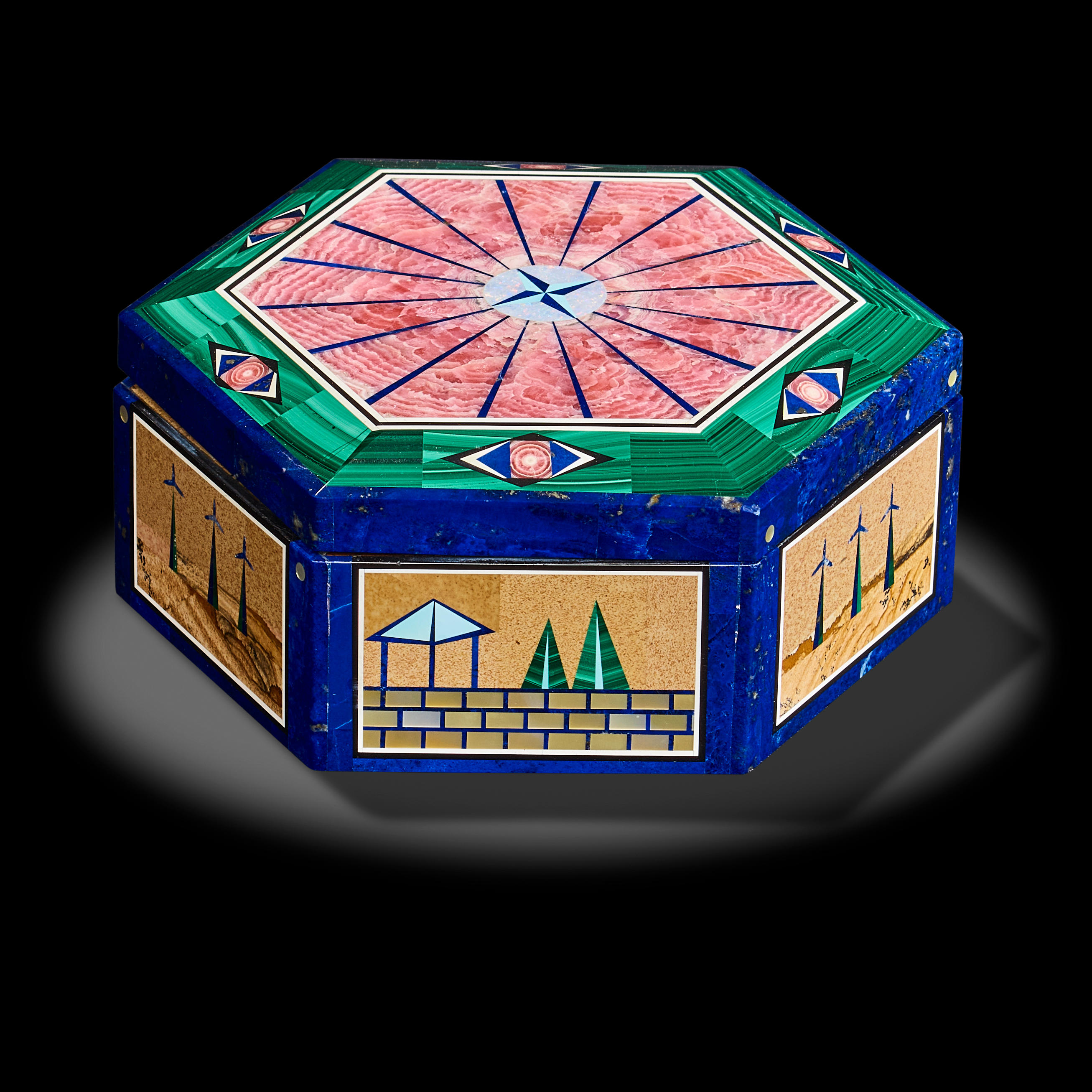 Appraisal: MULTI-GEMSTONE INTARSIA BOX Designed in the style of Nikolai Medvedev