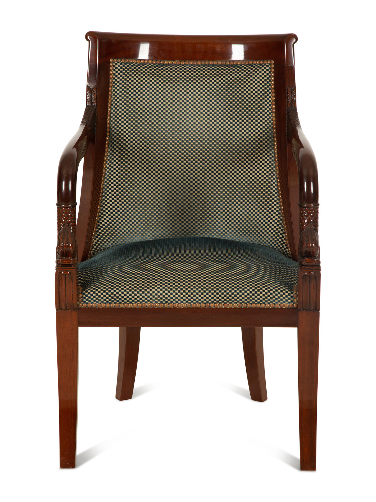 Appraisal: A Regency Style Carved Mahogany Armchair th Century with blue