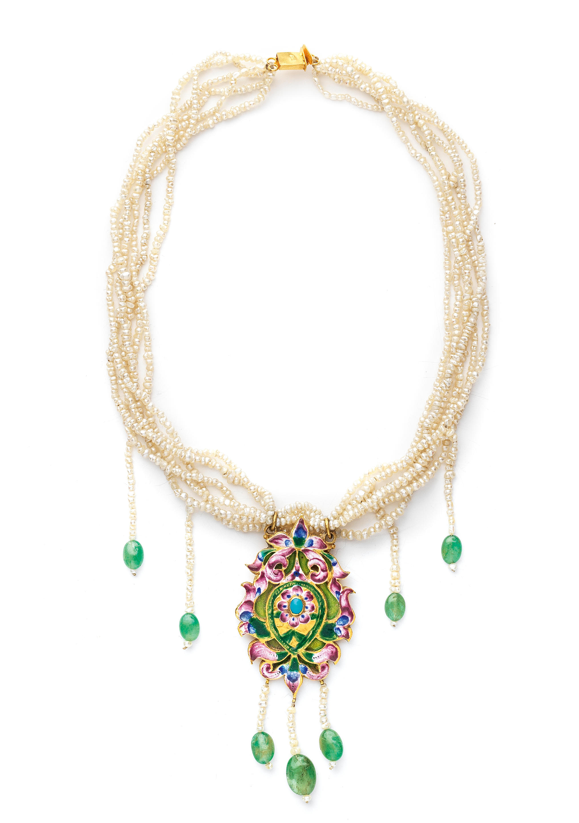 Appraisal: A QAJAR SEED PEARL AND GEM-SET ENAMELLED GOLD NECKLACE PERSIA