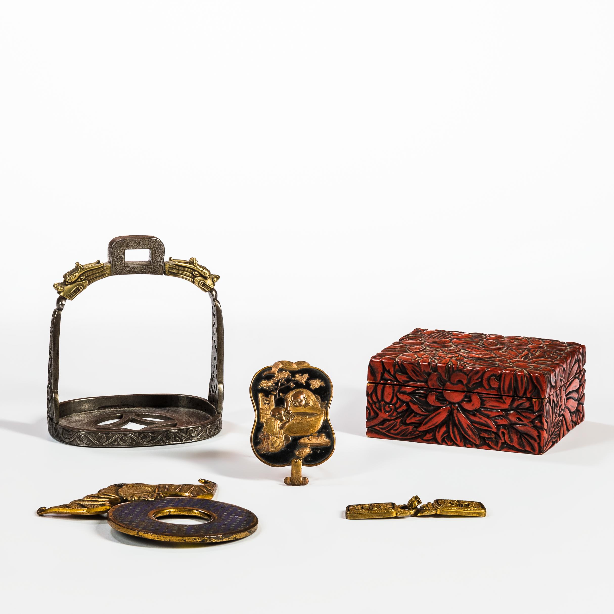 Appraisal: FOUR METAL DECORATIVE OBJECTS AND A CINNABAR LACQUER BOX mostly