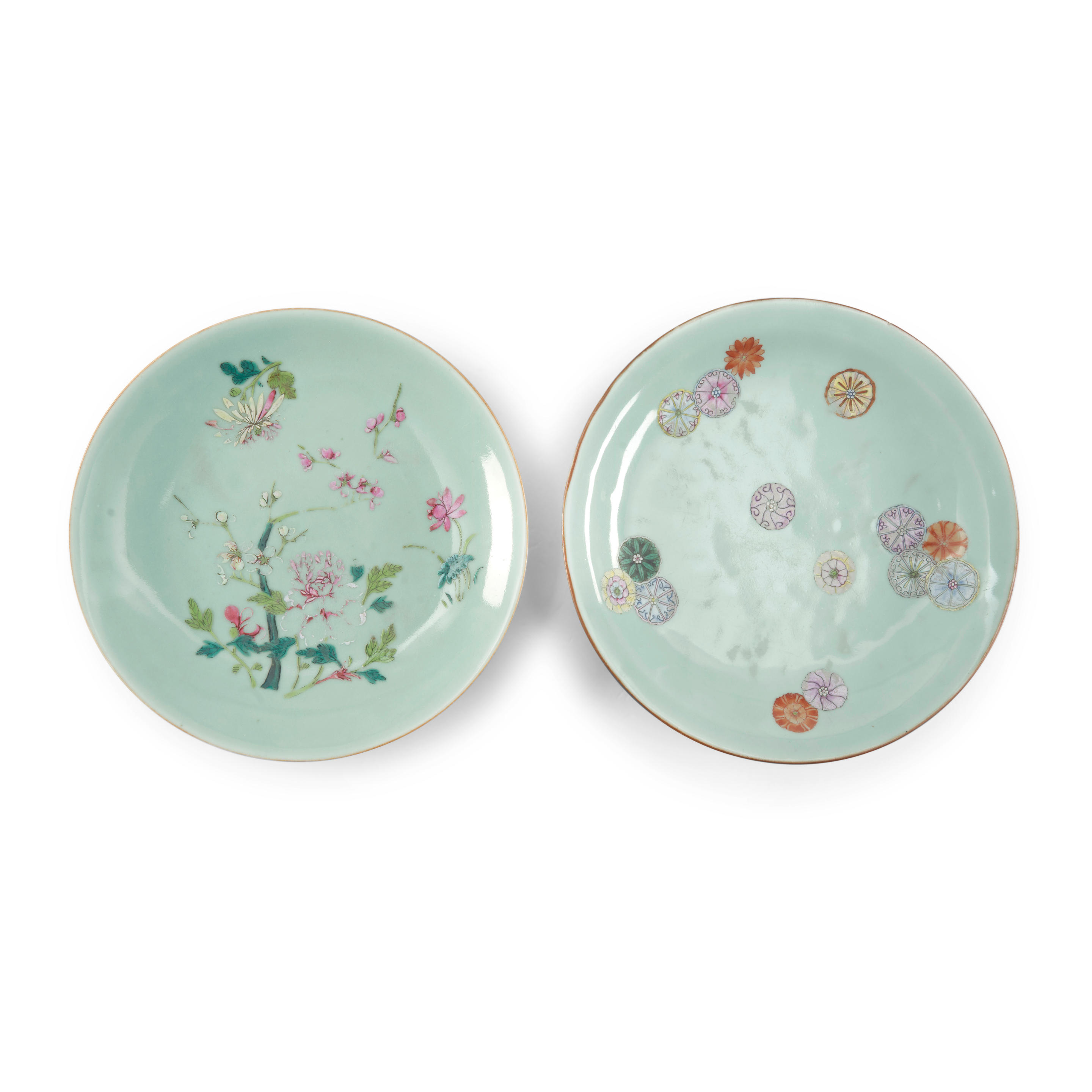 Appraisal: TWO FAMILLE-ROSE-DECORATED CELADON-GROUND DISHES China Qianlong mark and probably of