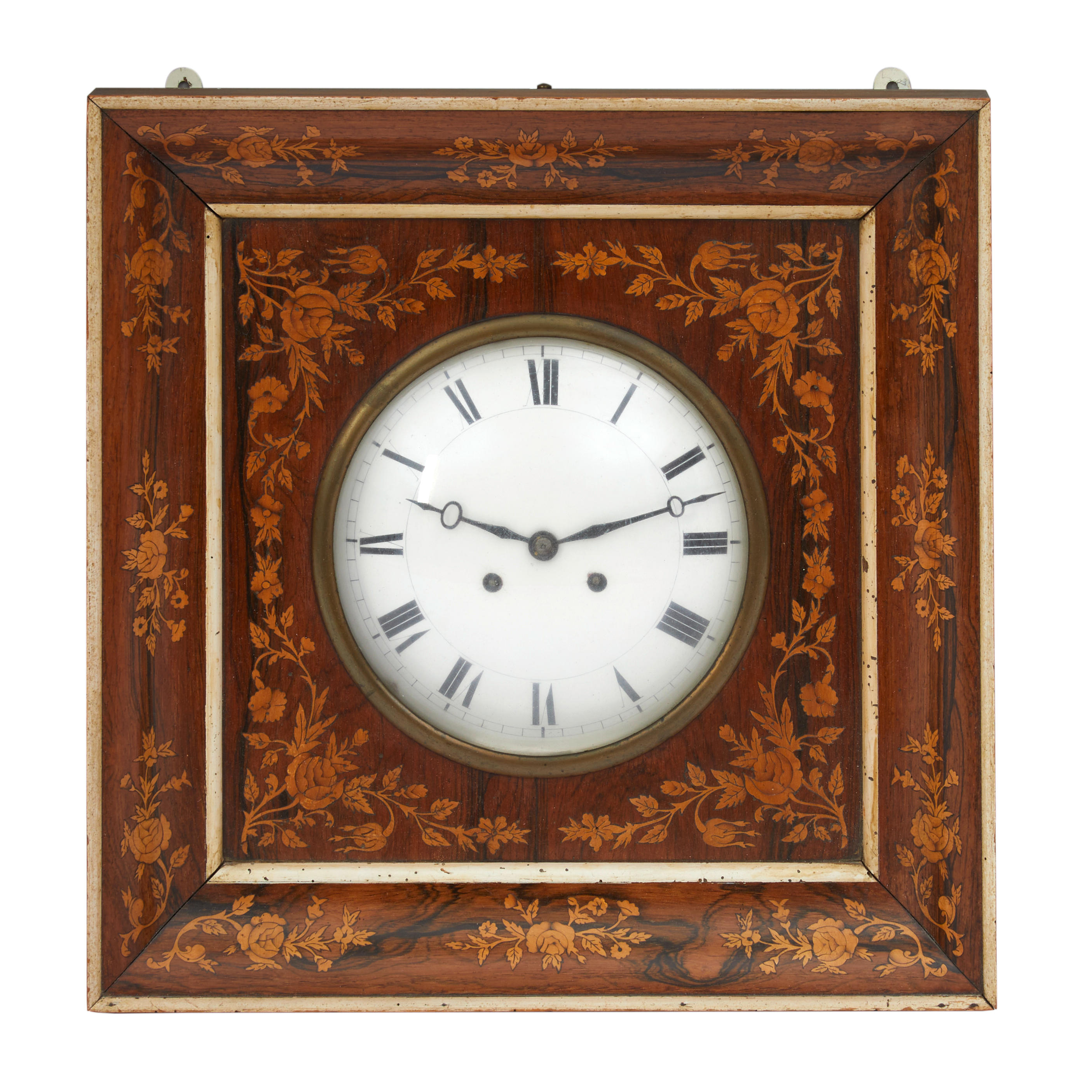 Appraisal: MARQUETRY INLAID WALL CLOCK th century allover floral decorated hinged