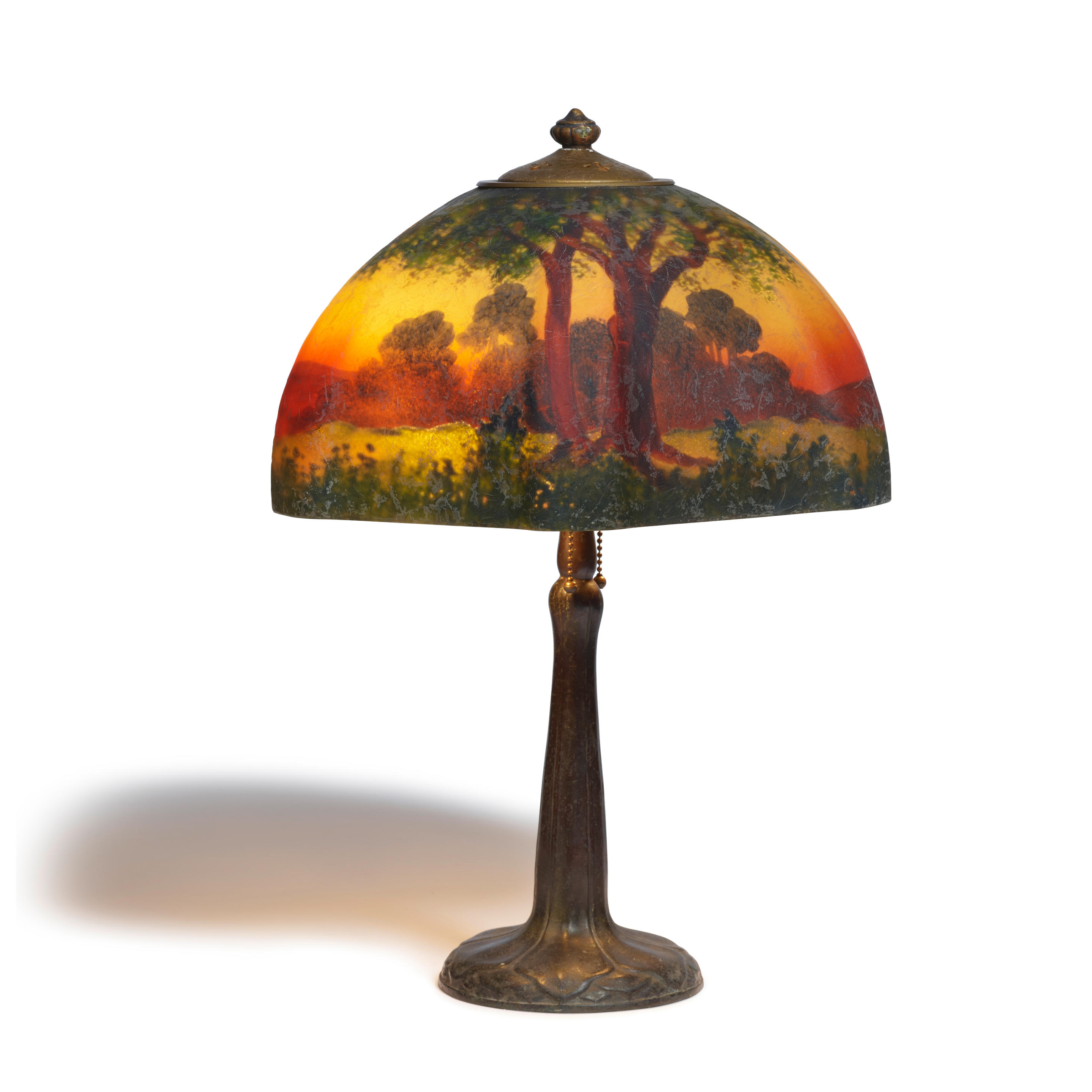 Appraisal: HANDEL ESTABLISHED Landscape Table Lamp reverse painted chipped ice glass