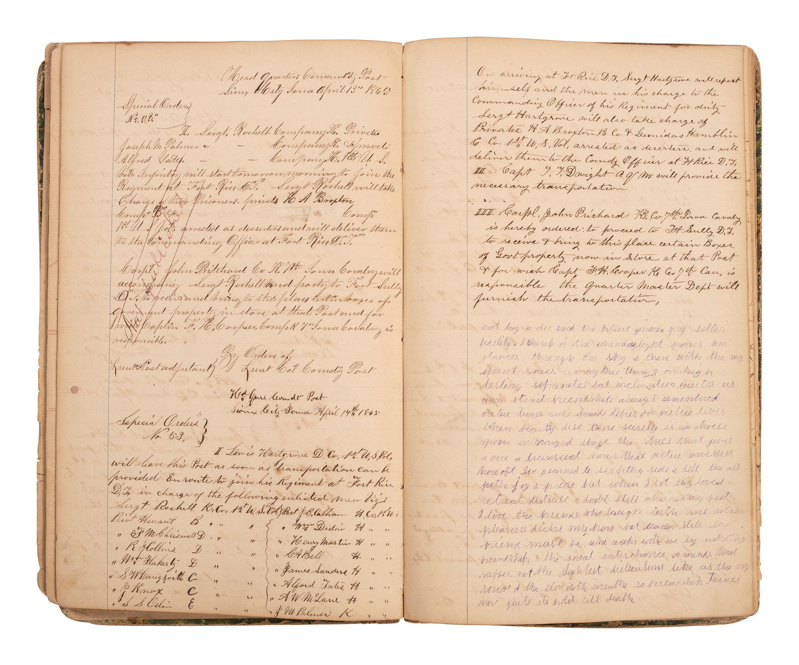 Appraisal: INDIAN WARS Manuscript special orders book for th Iowa Volunteer