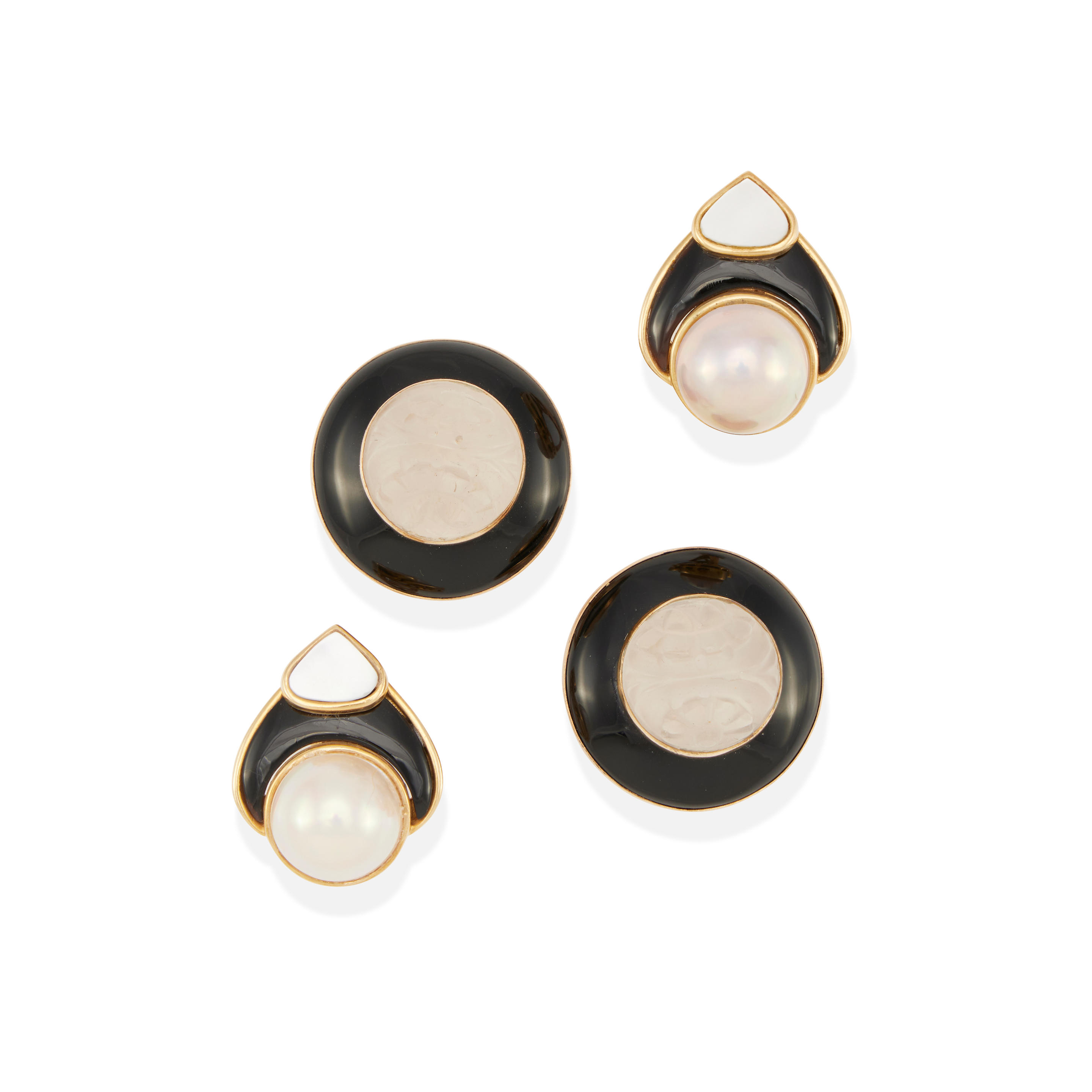 Appraisal: TWO PAIRS OF GOLD HARDSTONES AND QUARTZ EARCLIPS k and