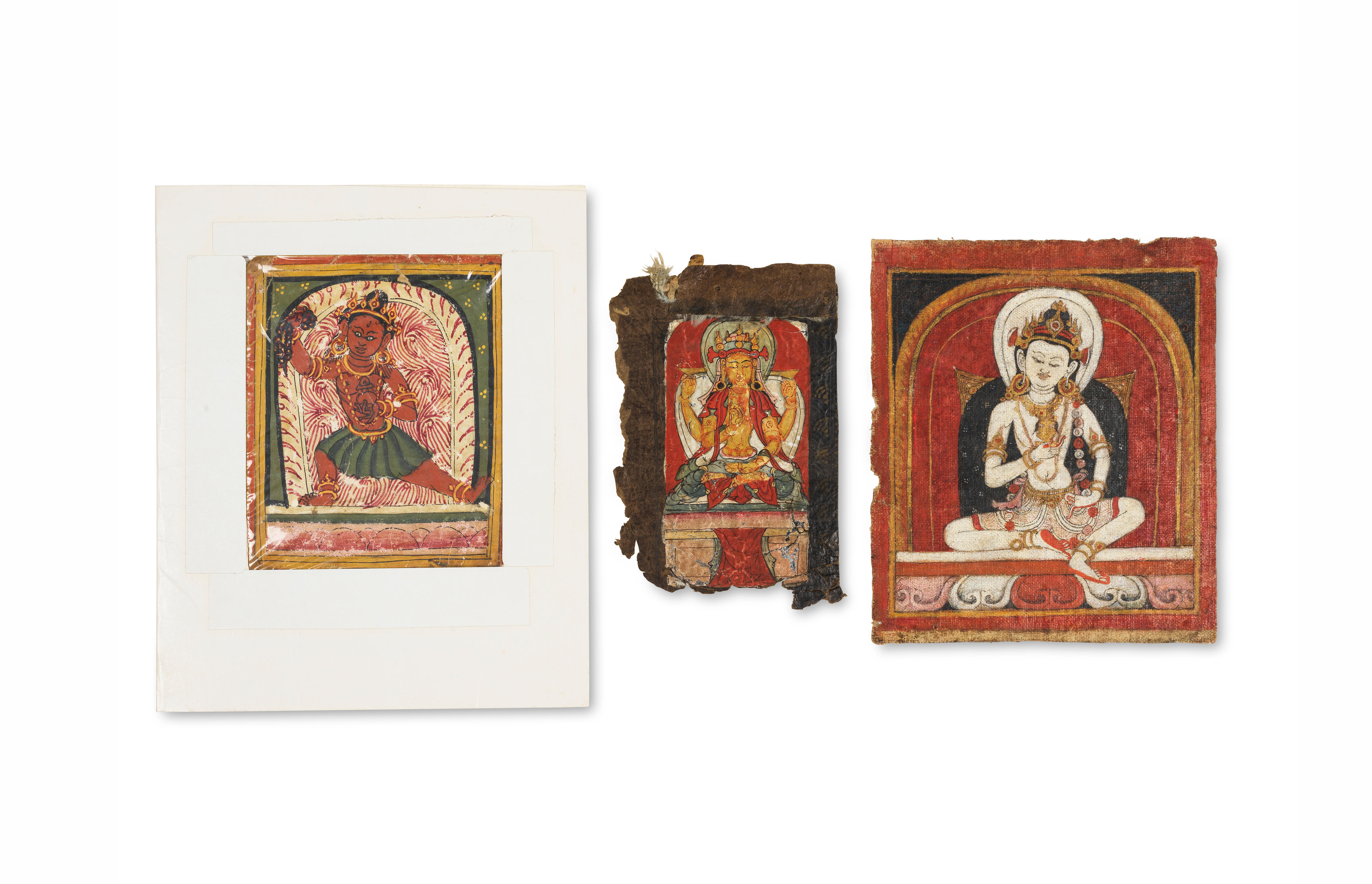 Appraisal: TROIS TSAKLIS TIBET XIIIE-XVE SI CLE Distemper and cloth four-armed