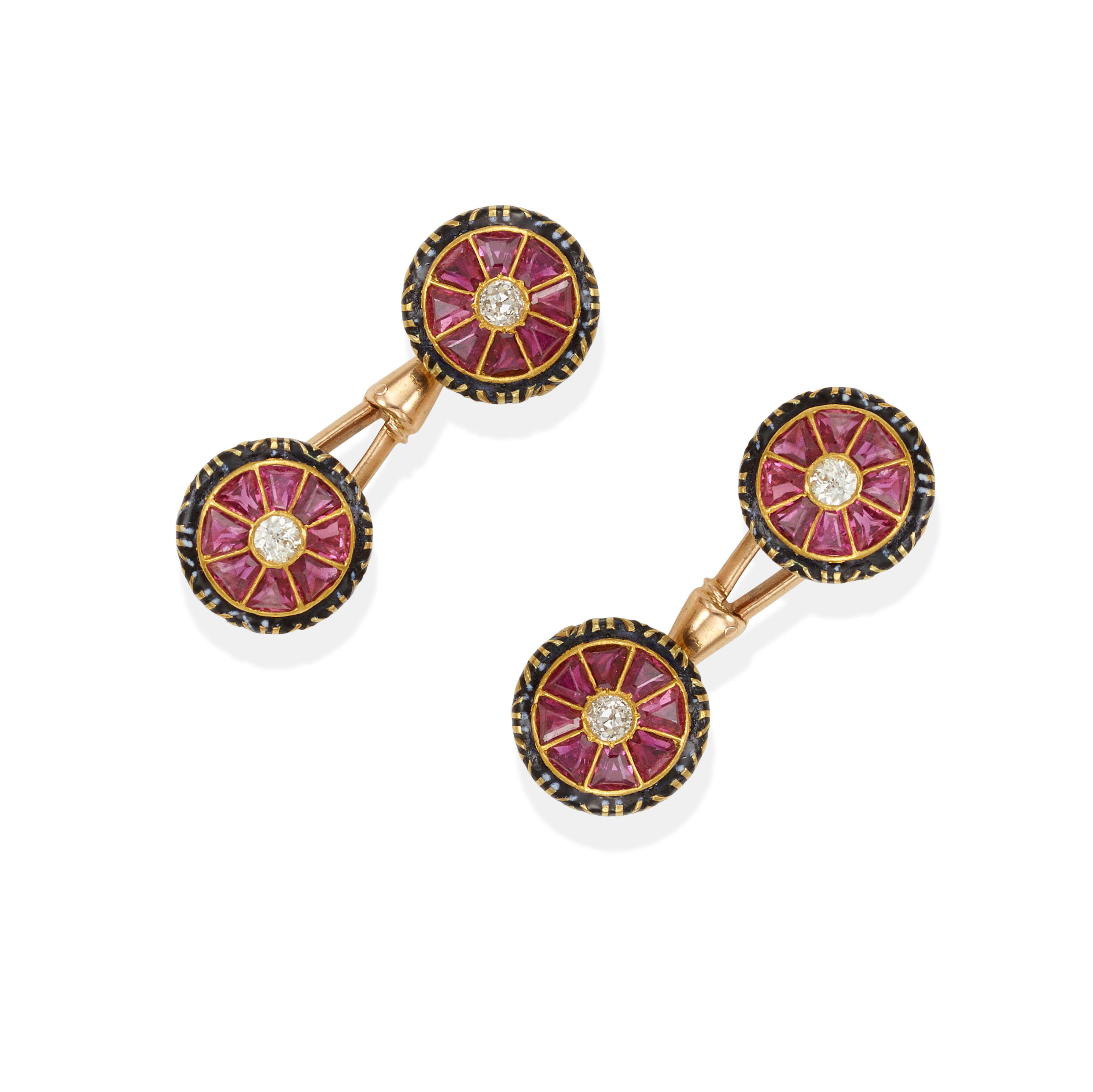 Appraisal: A PAIR OF ANTIQUE K GOLD RUBY DIAMOND AND ENAMEL