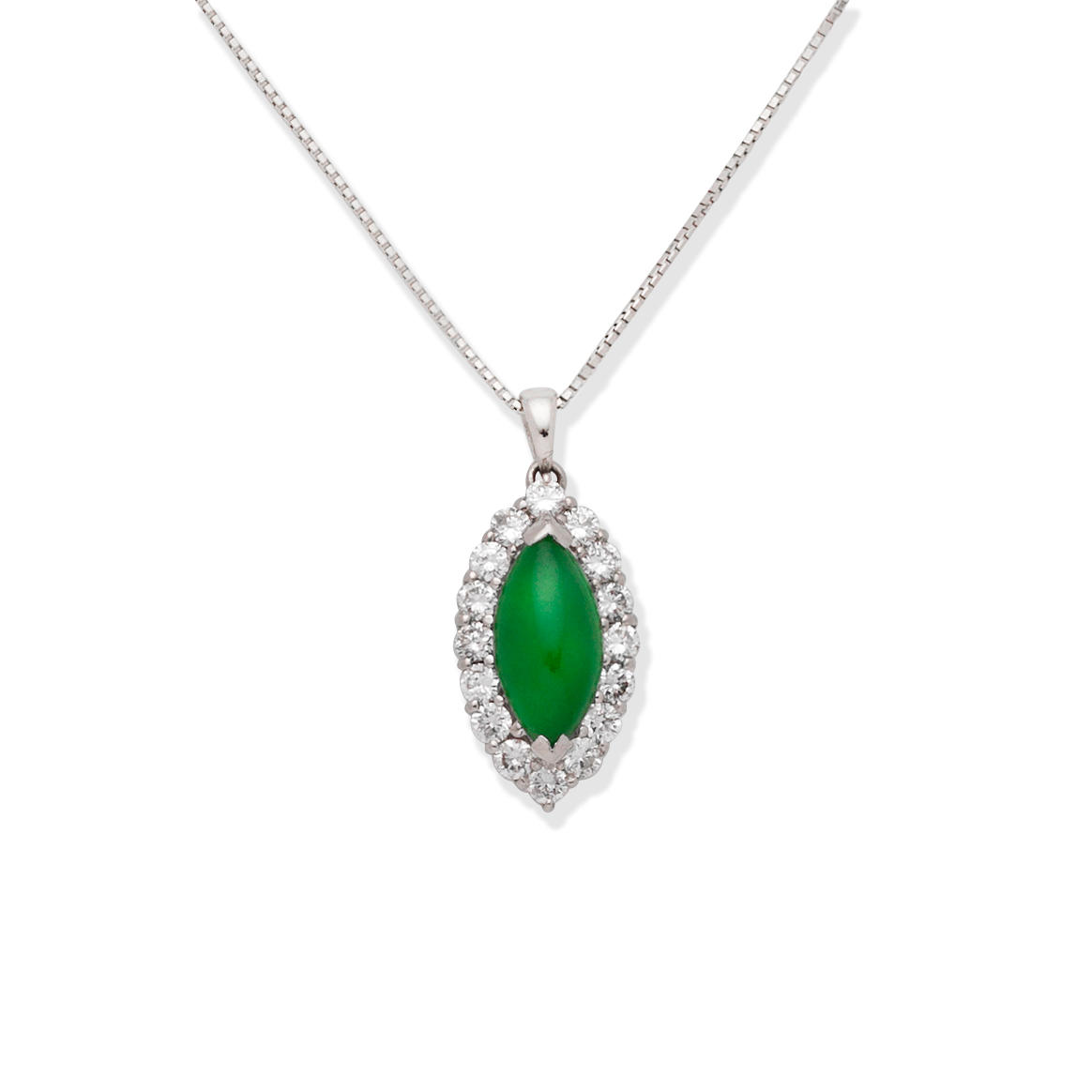 Appraisal: JADE AND DIAMOND PENDANT The marquise jadeite jade cabochon within