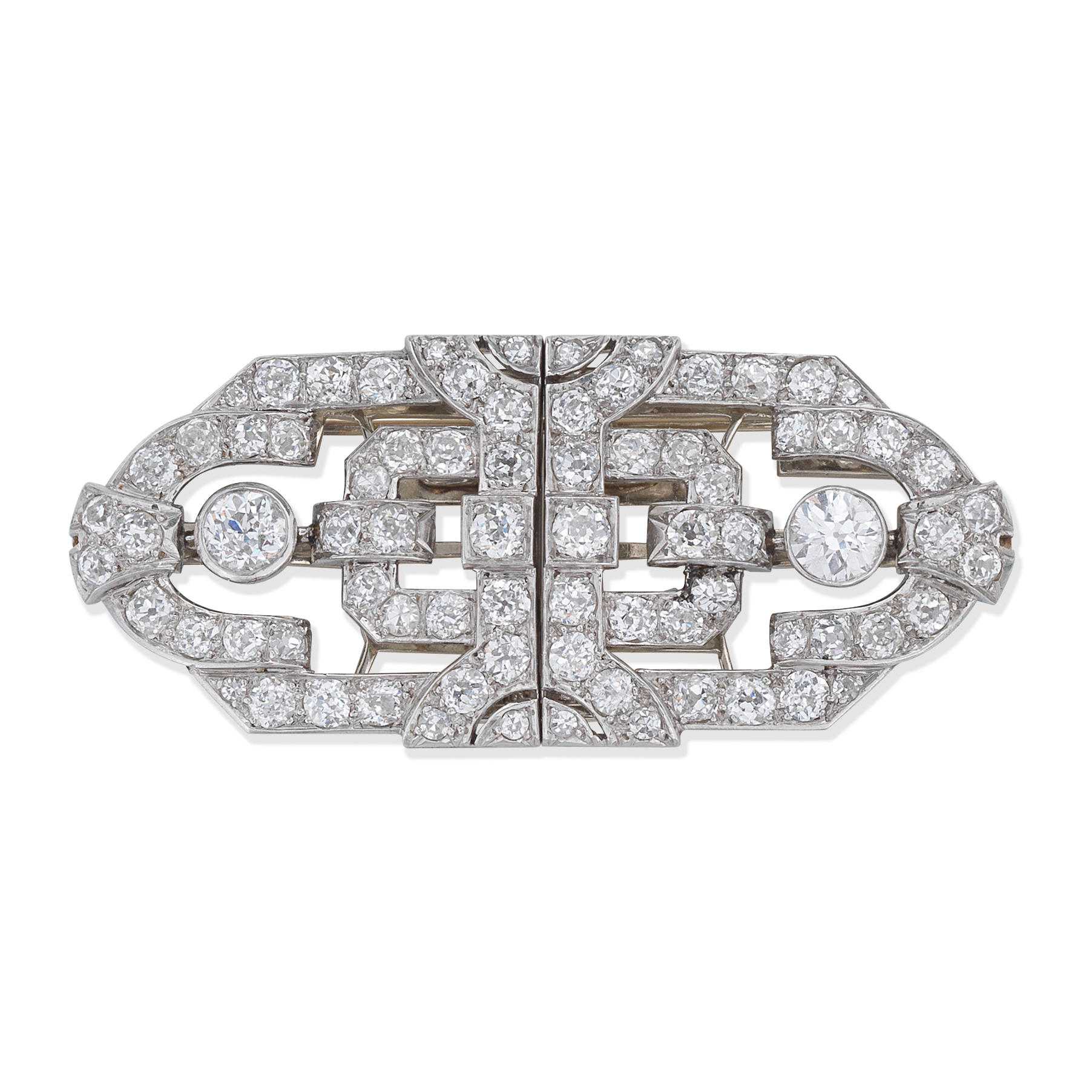 Appraisal: ART DECO DIAMOND DOUBLE-CLIP BROOCH CIRCA Of openwork geometric design