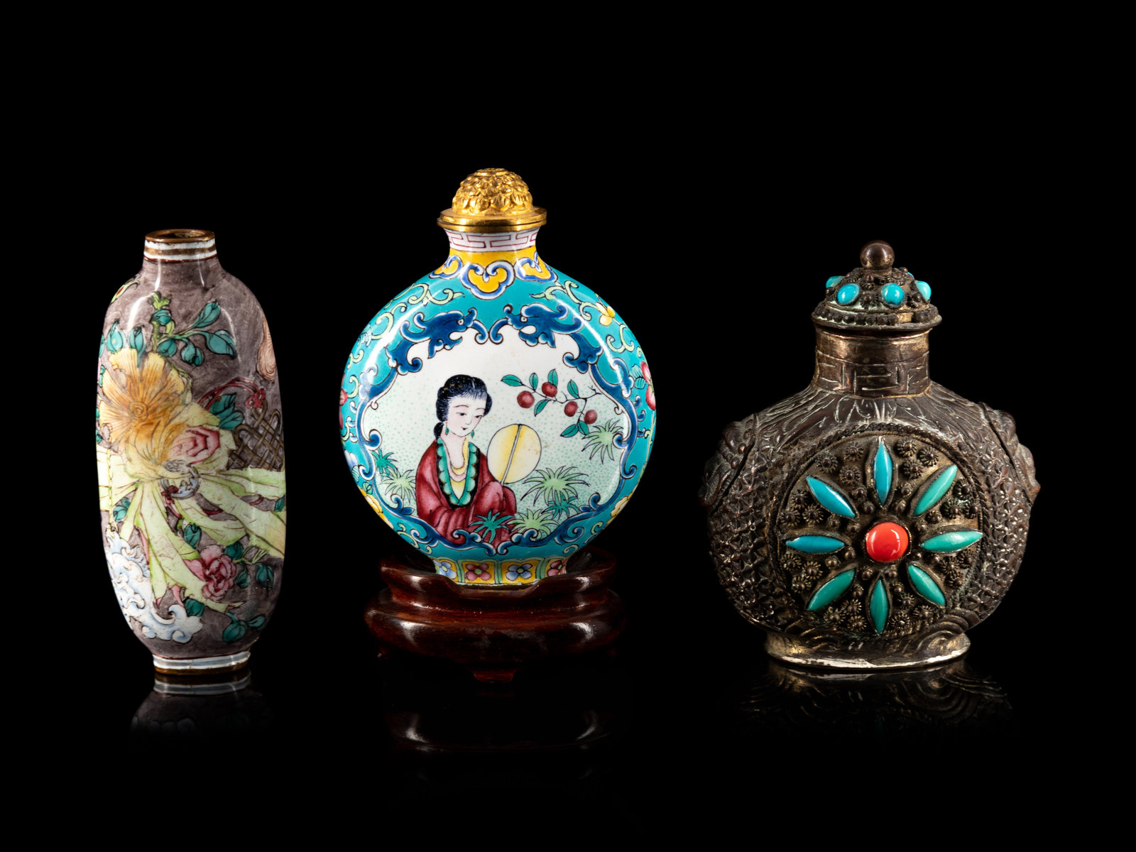 Appraisal: Two Chinese Canton Enamel on Copper Snuff Bottles and One