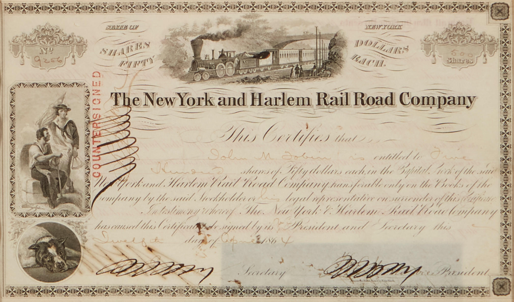 Appraisal: CORNELIUS VANDERBILT-SIGNED STOCK CERTIFICATE FOR THE NEW YORK AND HARLEM