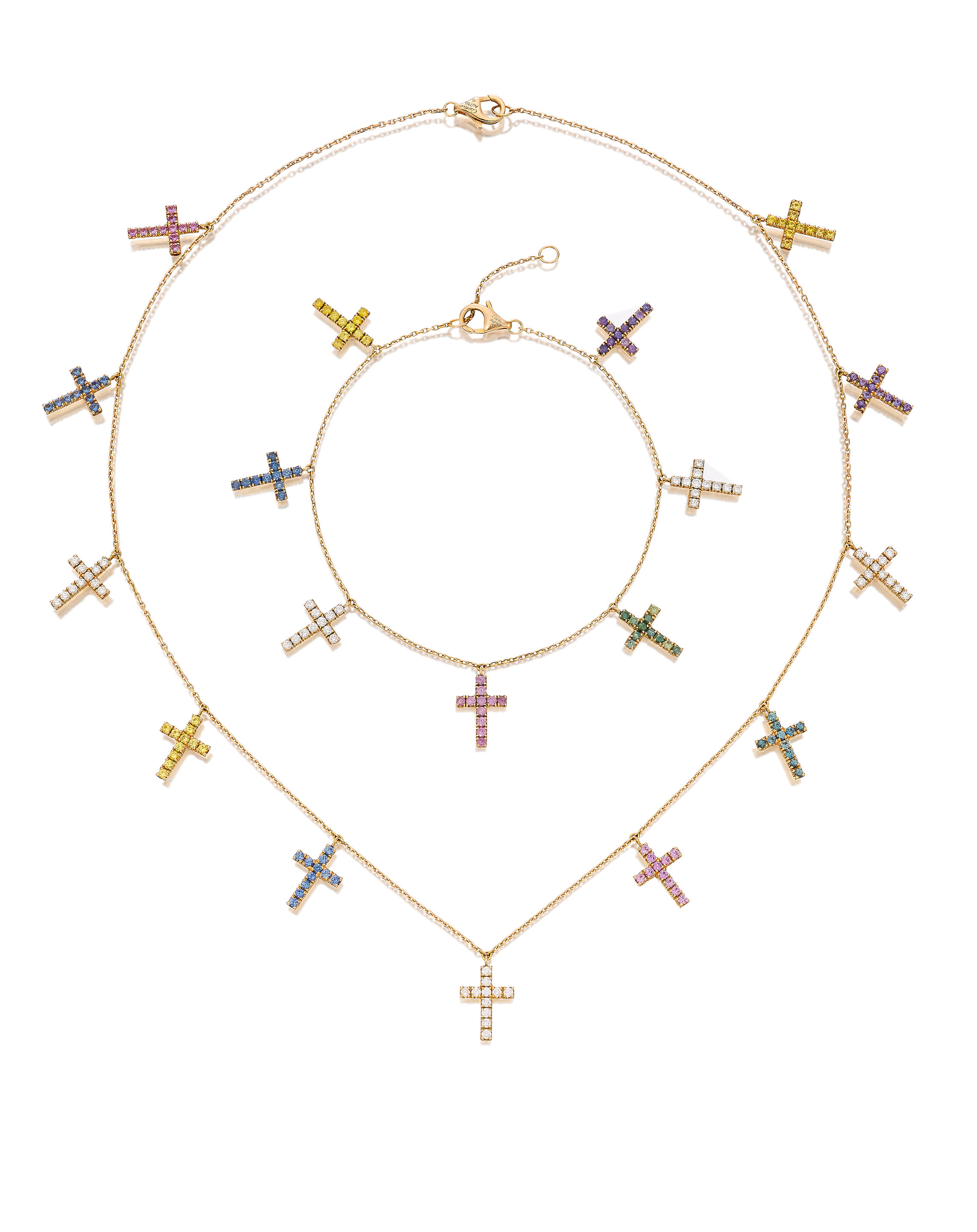 Appraisal: CARTIER GEM-SET AND DIAMOND 'CROSS' NECKLACE AND BRACELET SET Metal