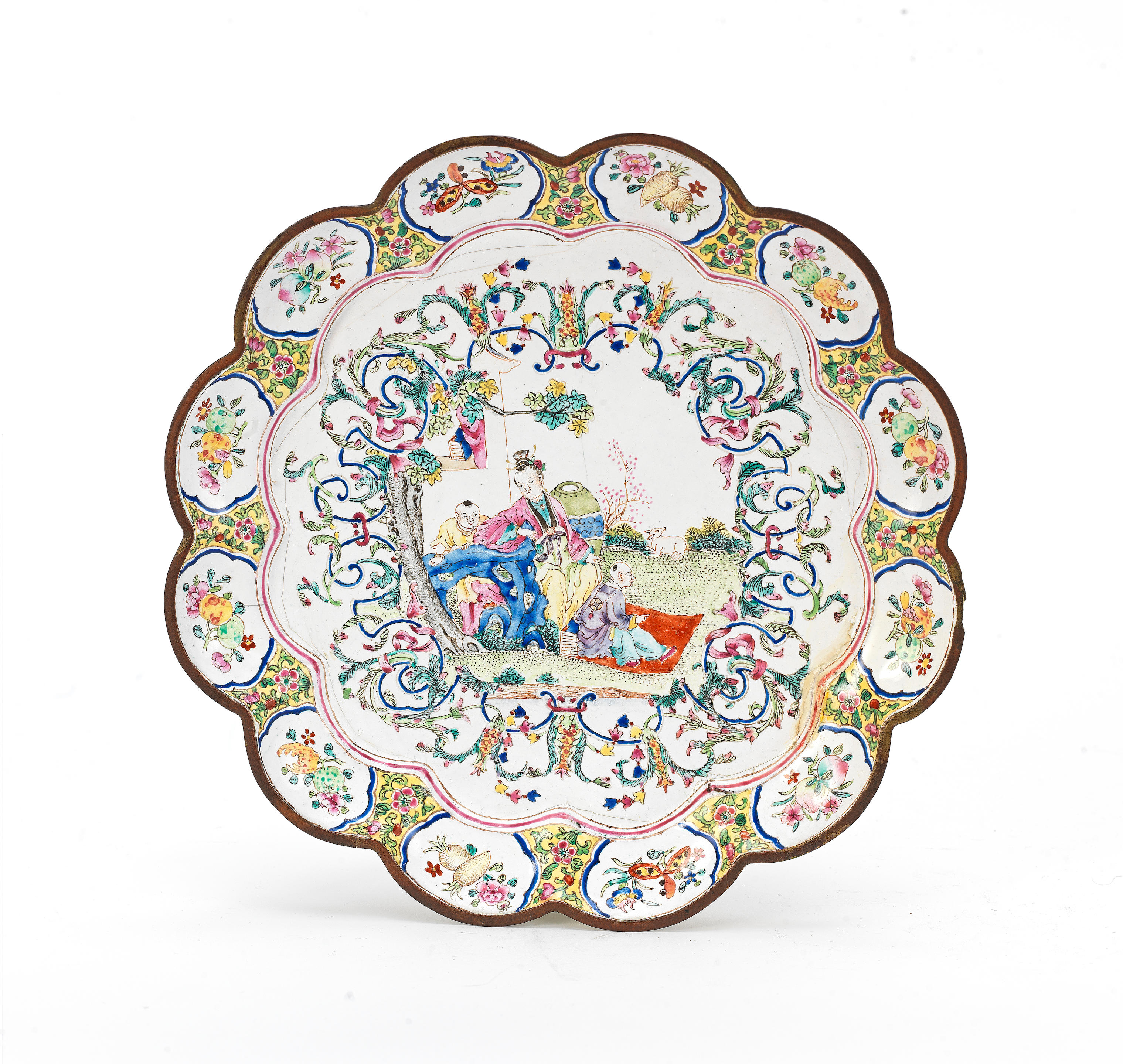 Appraisal: AN UNUSUAL 'LADY AND BOYS' LOBED ENAMEL DISH th th