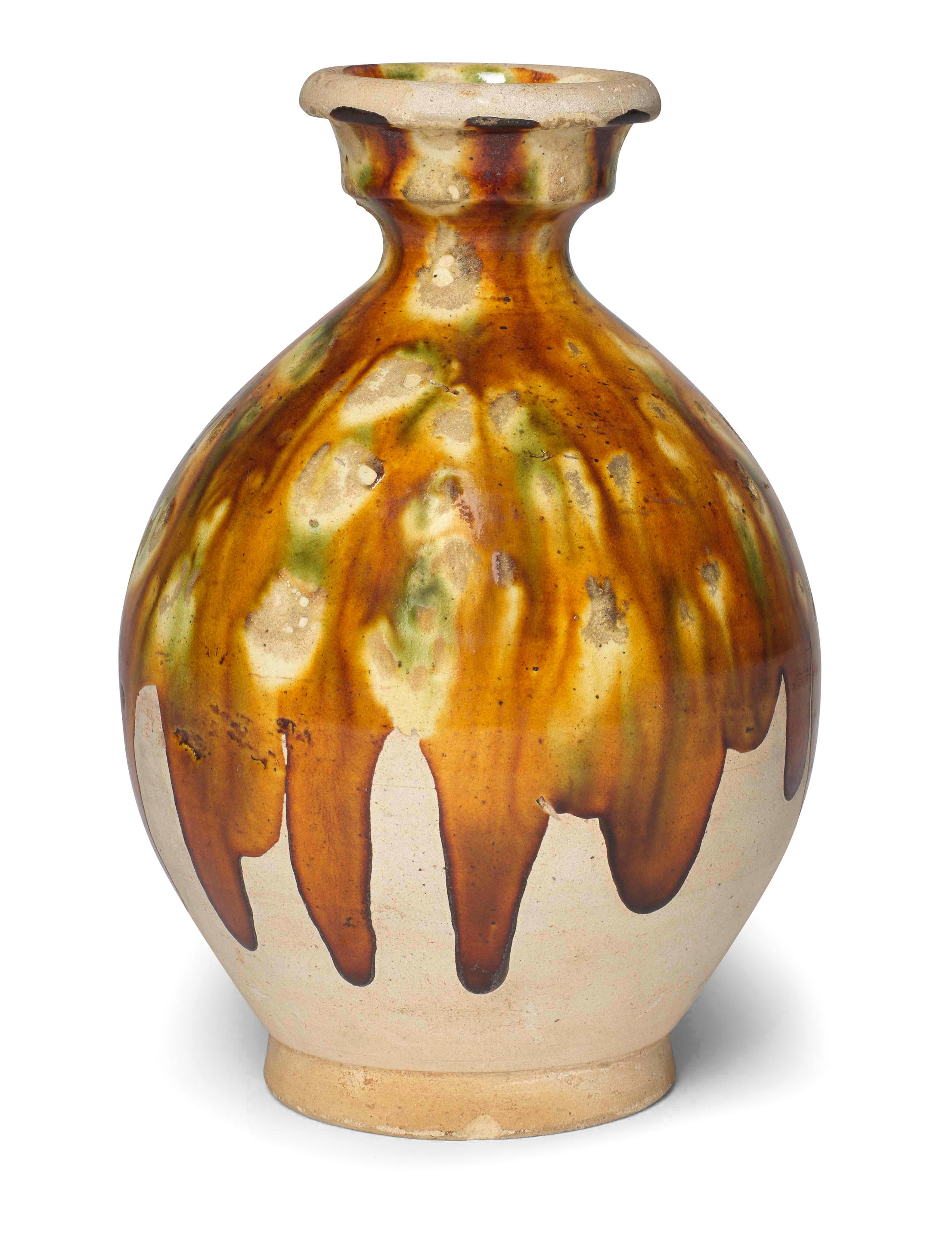 Appraisal: A SANCAI-GLAZED BOTTLE VASE Tang Dynasty The ovoid body rising