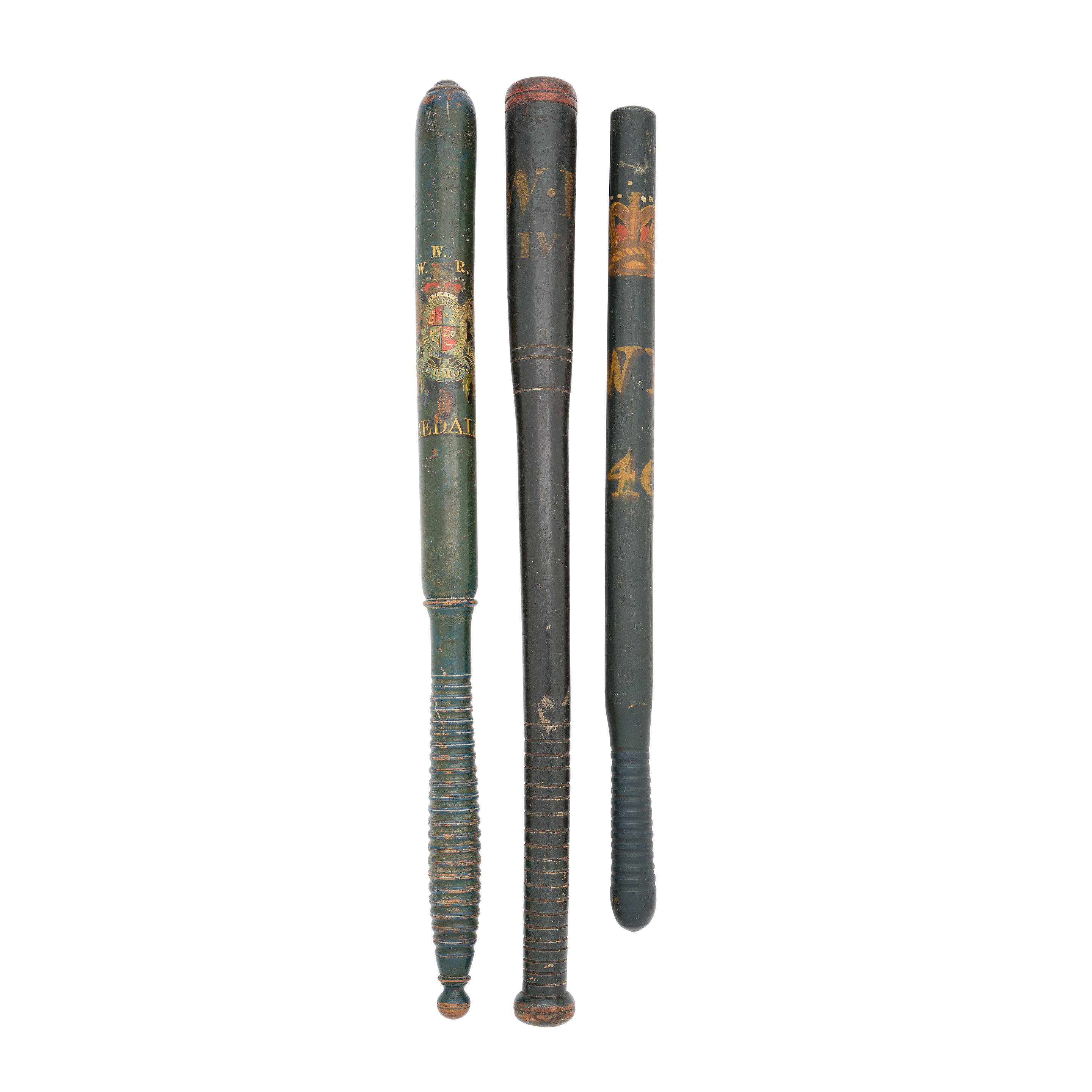 Appraisal: THREE WILLIAM IV CONSTABULARY TRUNCHEONS CIRCA - Each of hardwood