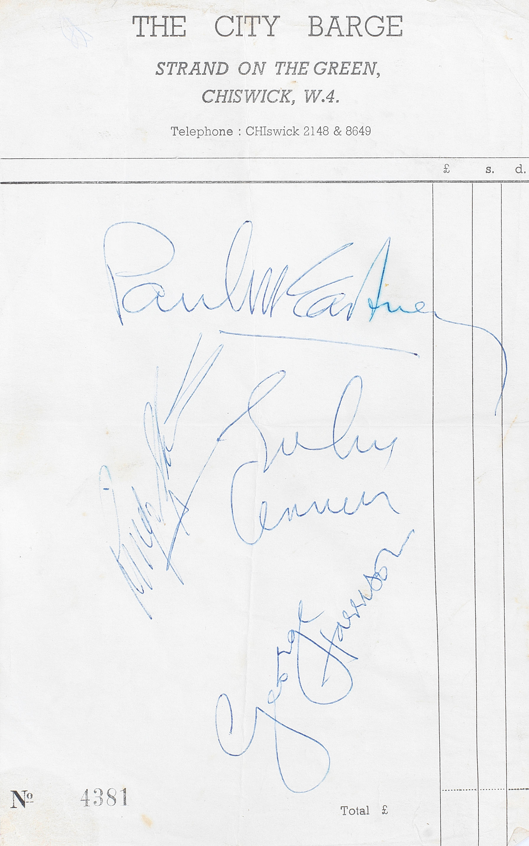 Appraisal: THE BEATLES A SET OF AUTOGRAPHS ACQUIRED AT THE CITY