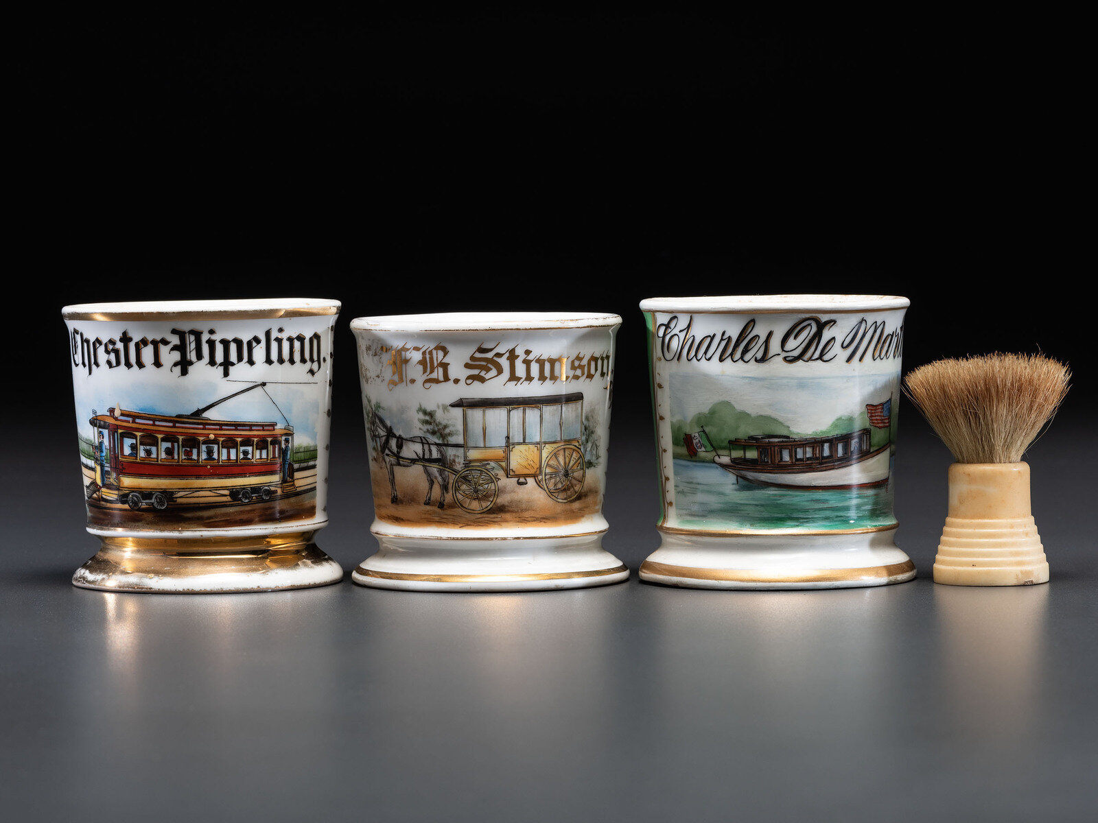 Appraisal: Three Transportation Related Porcelain Occupational Shaving Mugs Late th Early