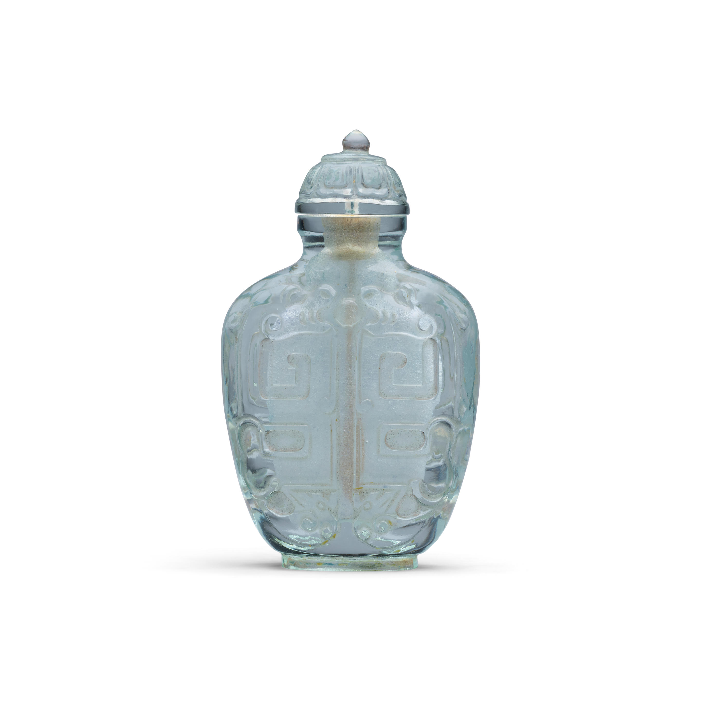 Appraisal: AN IMPERIAL 'CONFRONTED DRAGONS' GLASS IMITATING AQUAMARINE SNUFF BOTTLE Imperial