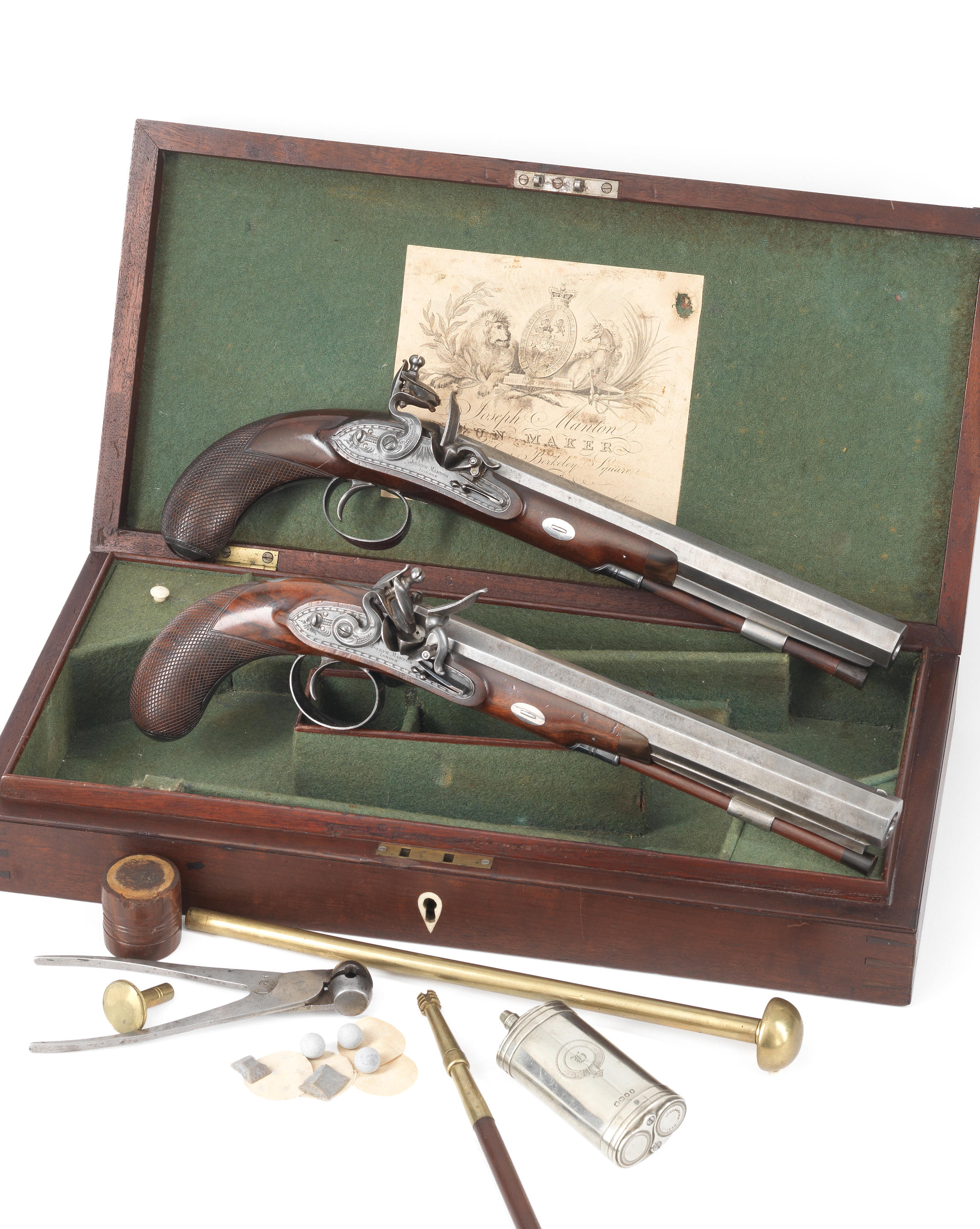 Appraisal: A CASED PAIR OF -BORE FLINTLOCK DUELLING PISTOLS BY JOSEPH