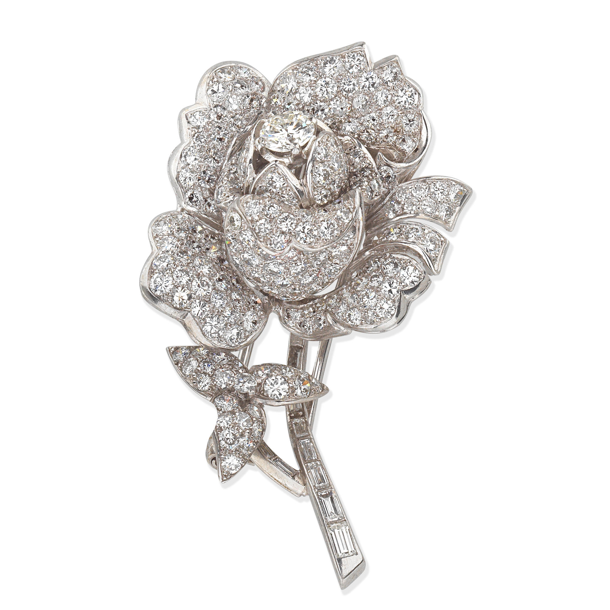 Appraisal: BOODLES DIAMOND ROSE BROOCH Brilliant and baguette-cut diamonds principal diamond