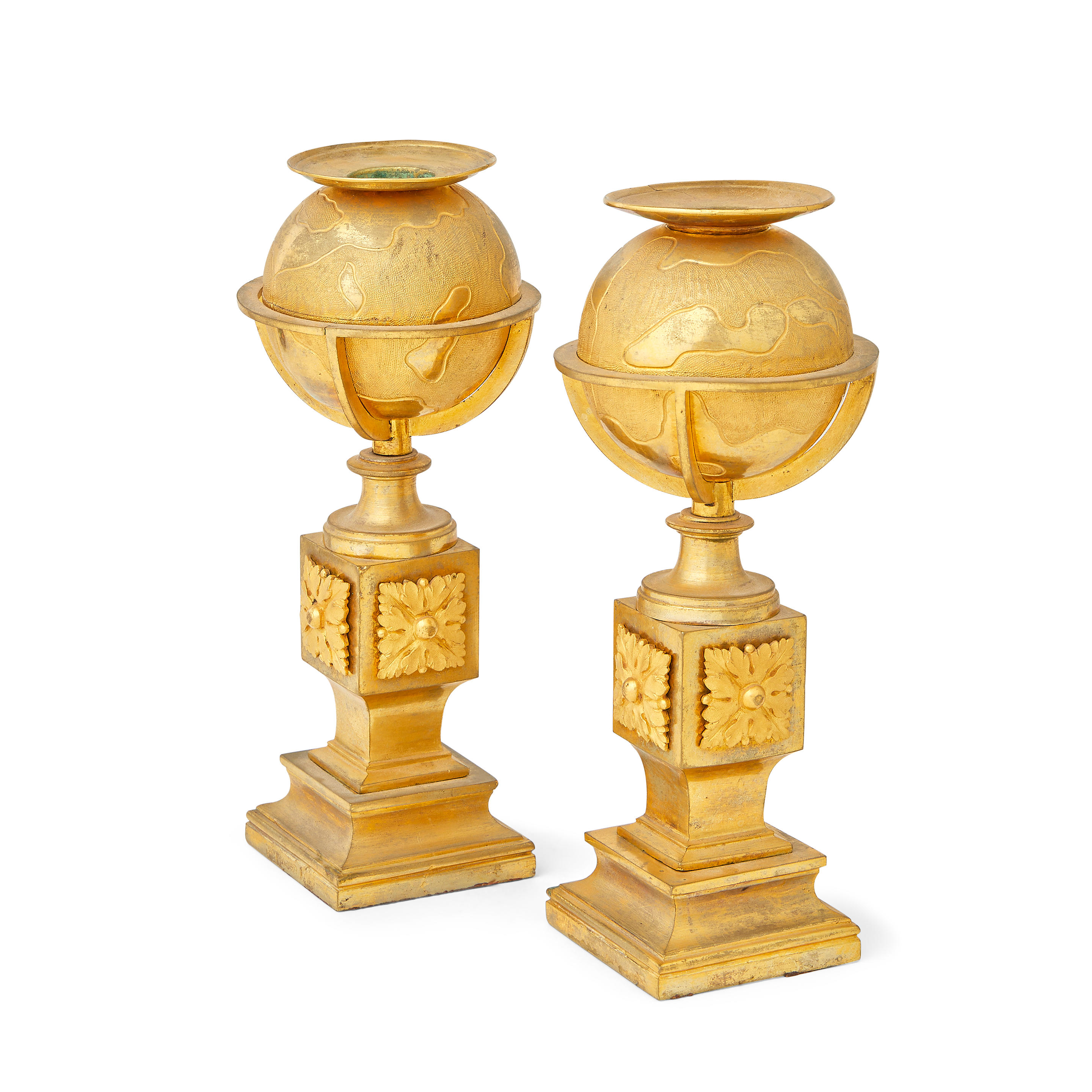 Appraisal: A PAIR OF LOUIS XVI ORMOLU GLOBE AND PEDESTAL CANDLESTICKS