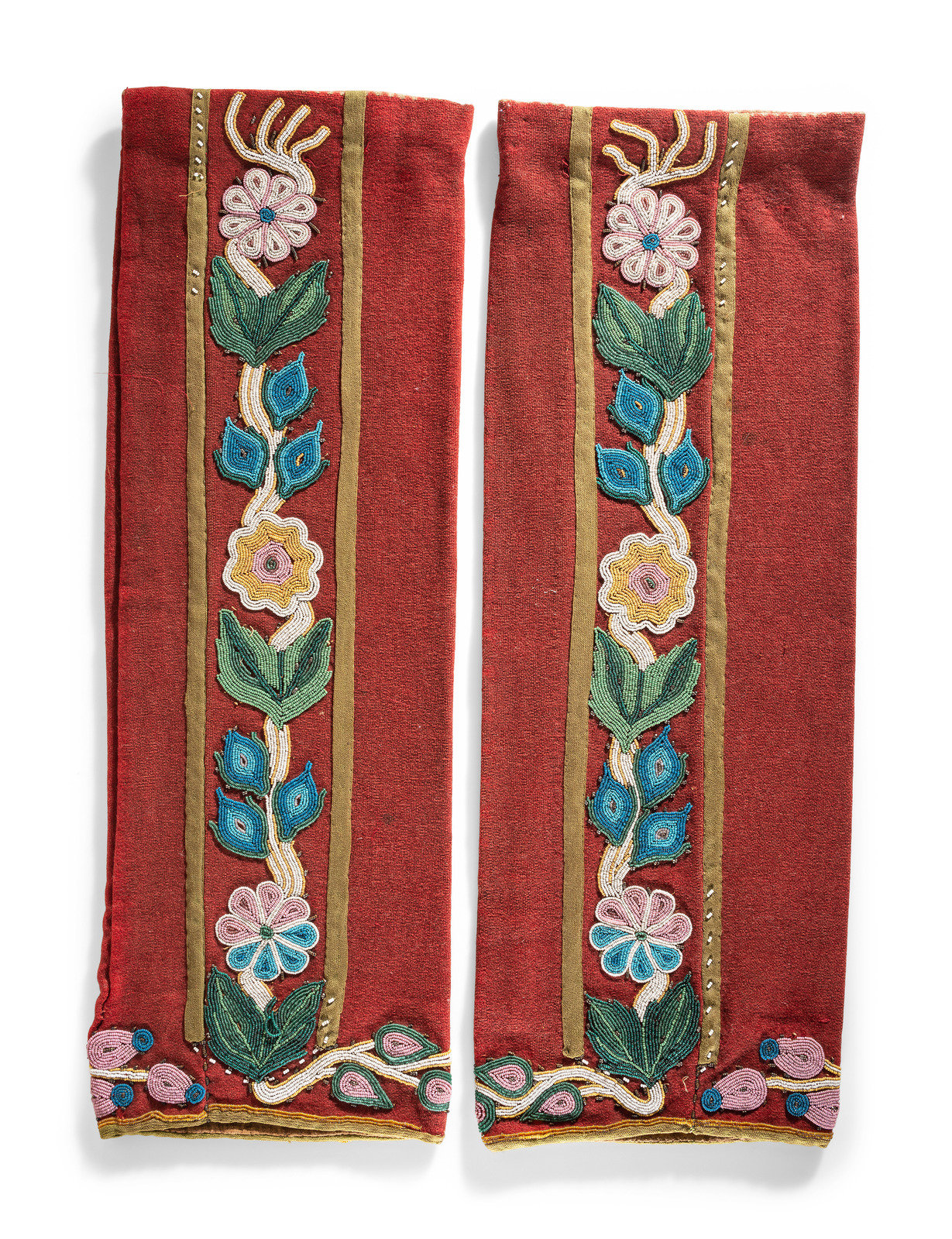 Appraisal: Cree Beaded Red Wool Leggings third quarter th century sinew-sewn