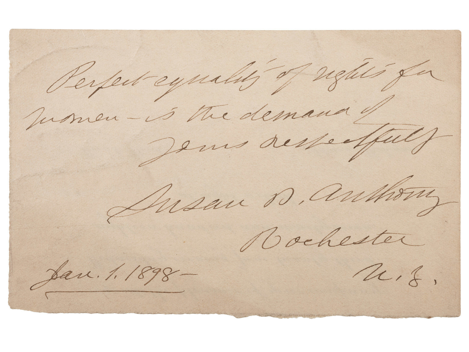 Appraisal: WOMEN'S SUFFRAGE ANTHONY Susan B - Autographed note signed Susan