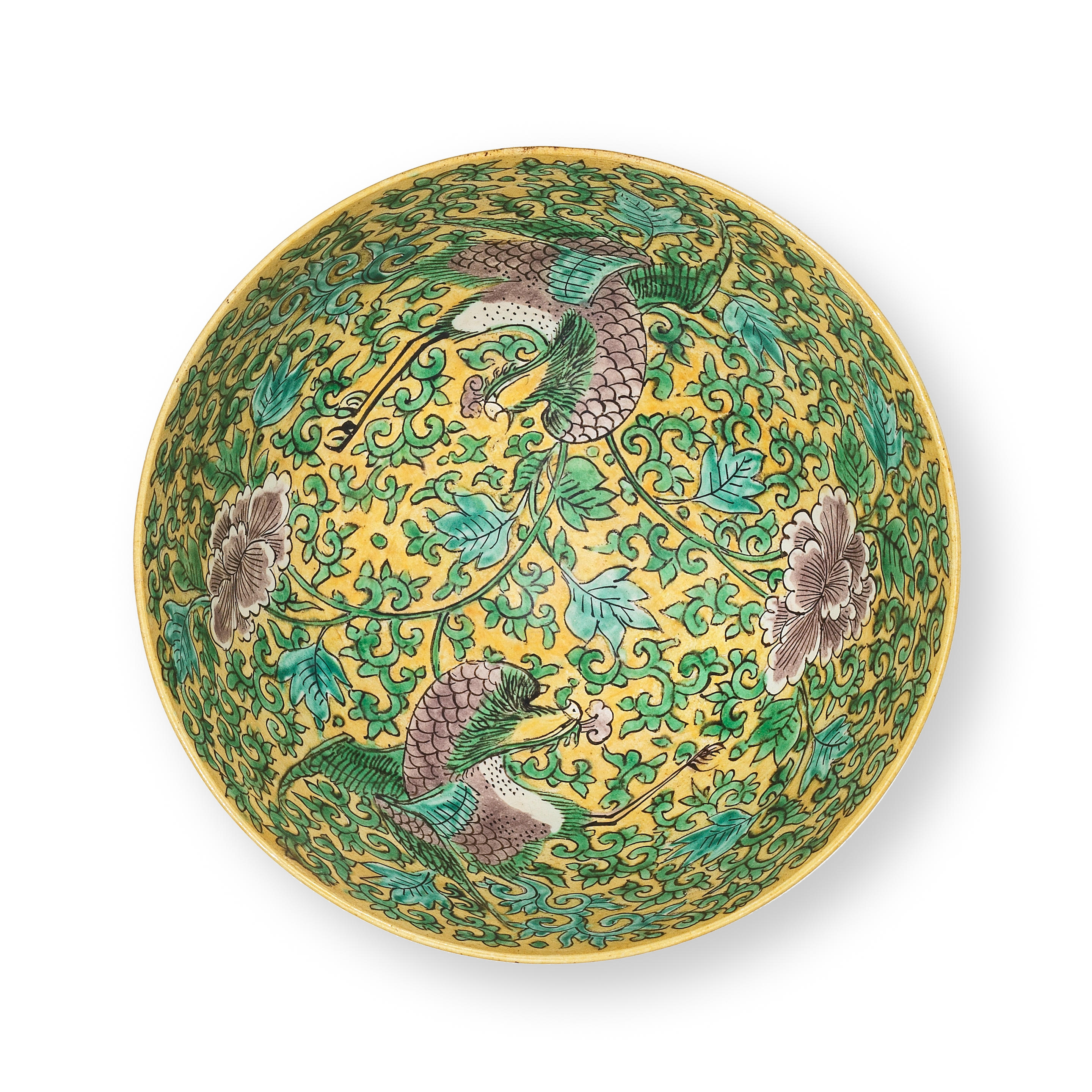 Appraisal: AN ENAMELLED YELLOW-GROUND 'LIONS' BOWL Chenghua six-character mark th century