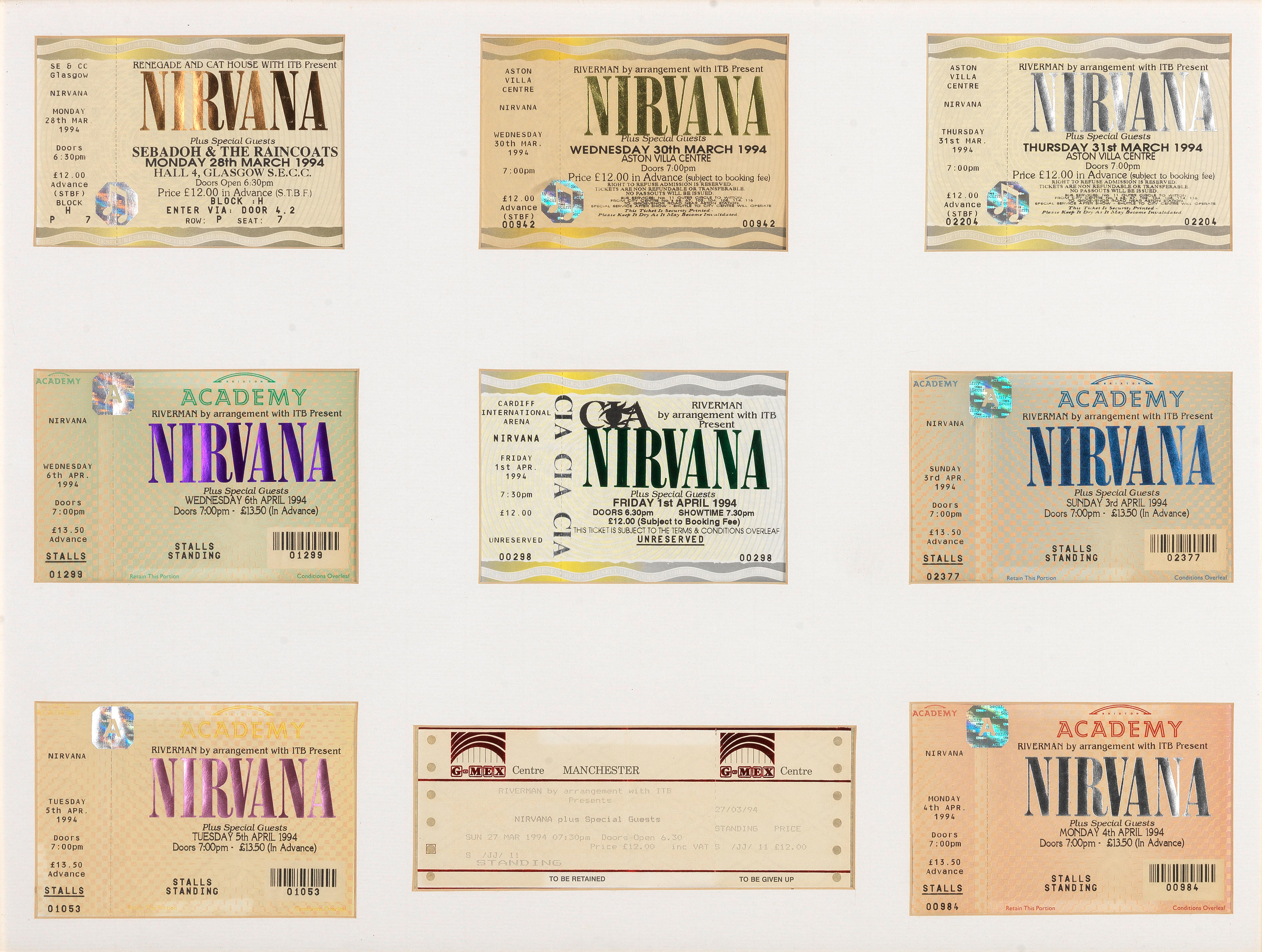 Appraisal: NIRVANA A COLLECTION OF CONCERT TICKETS FOR ALL NINE OF