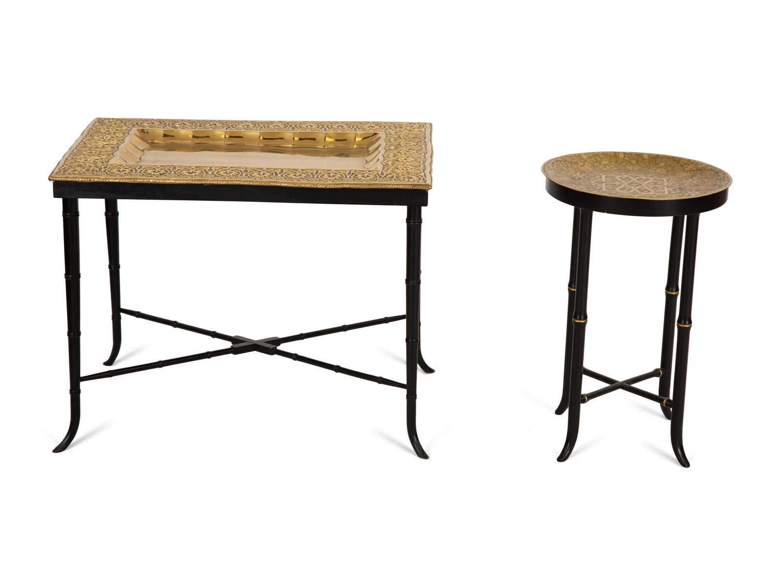 Appraisal: Two Chased Brass Tray-Top Occasional Tables with Ebonized and Gilt