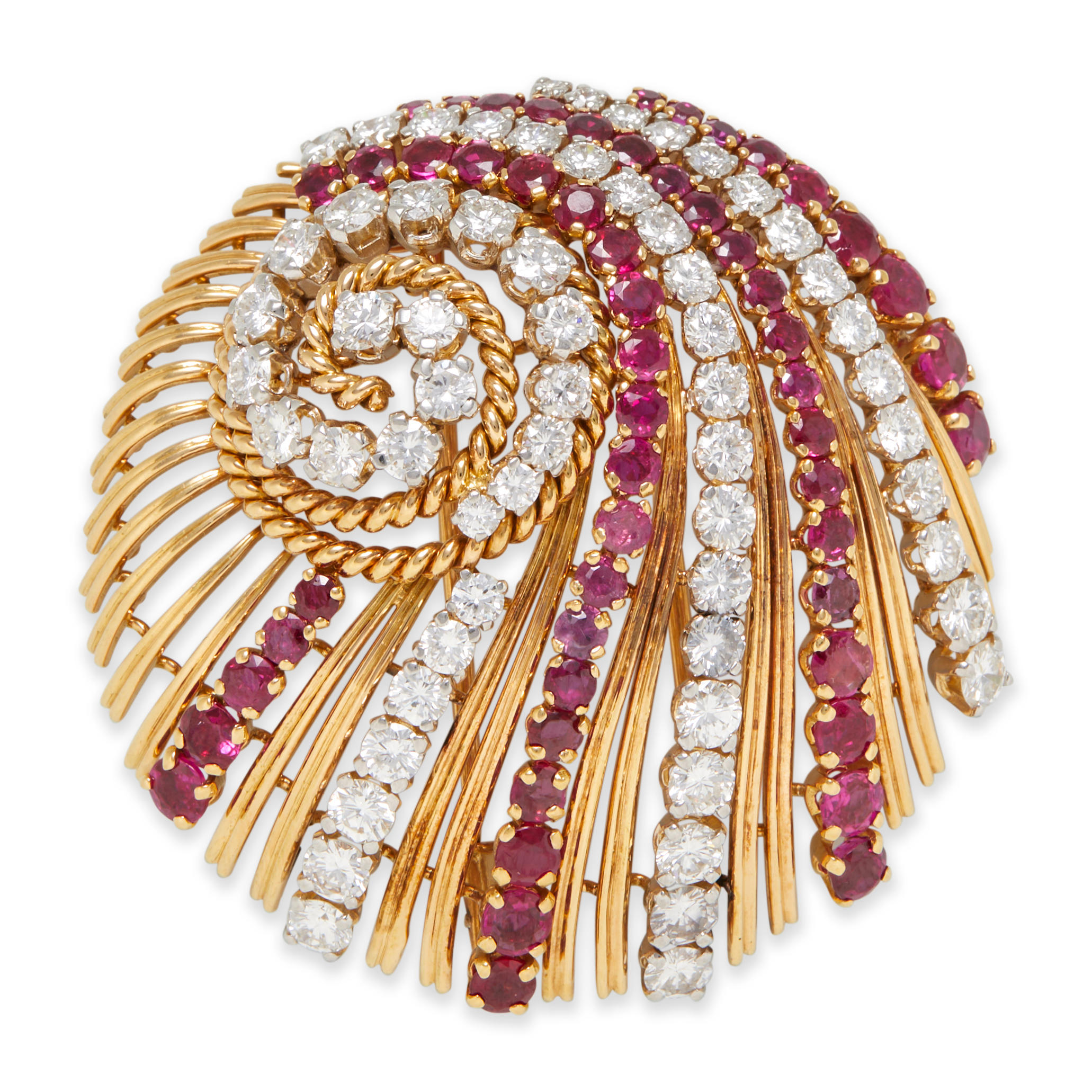 Appraisal: AN K GOLD RUBY AND DIAMOND BROOCH FRANCE Designed as