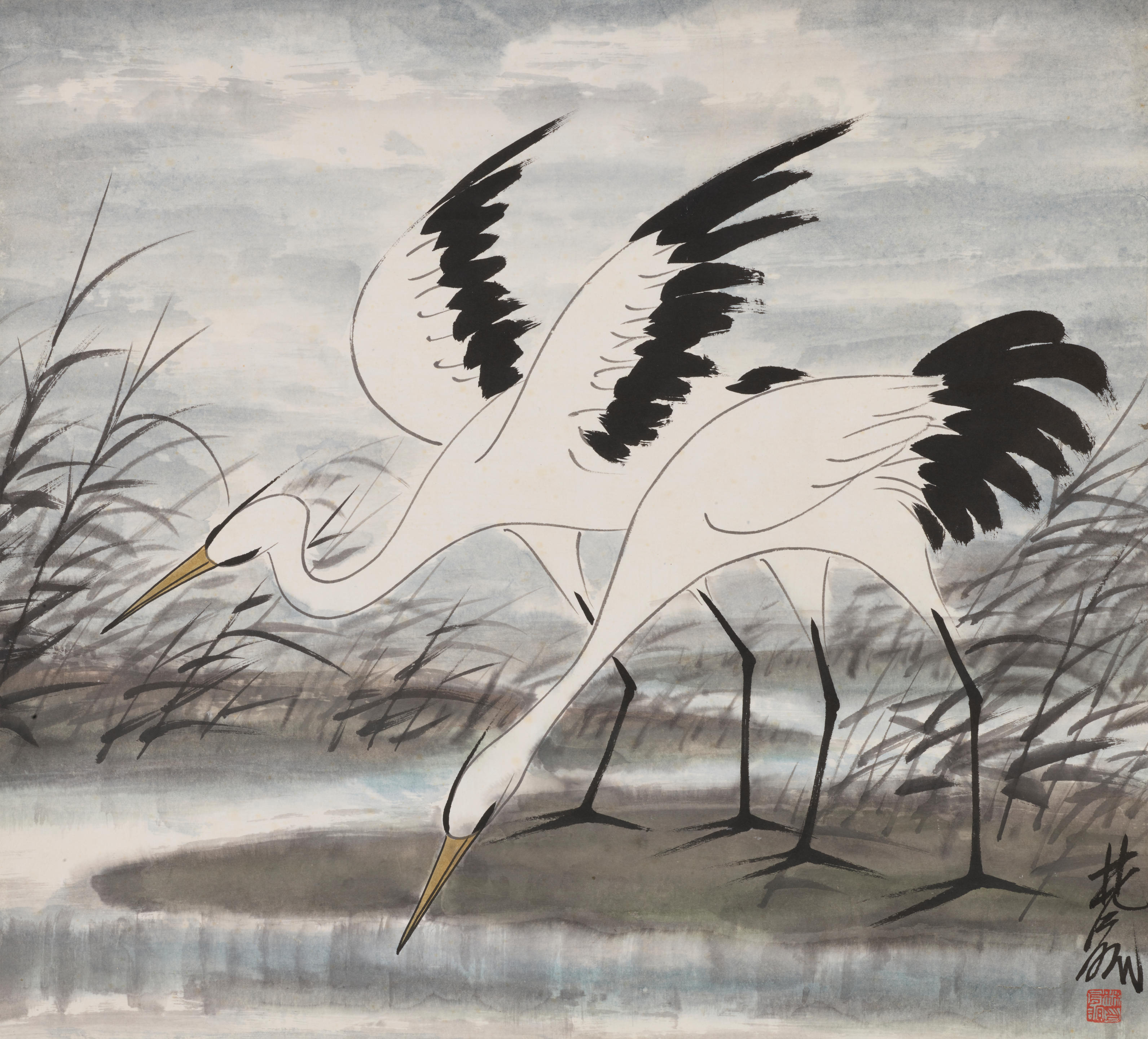 Appraisal: LIN FENGMIAN - Two Egrets Ink and colour on paper