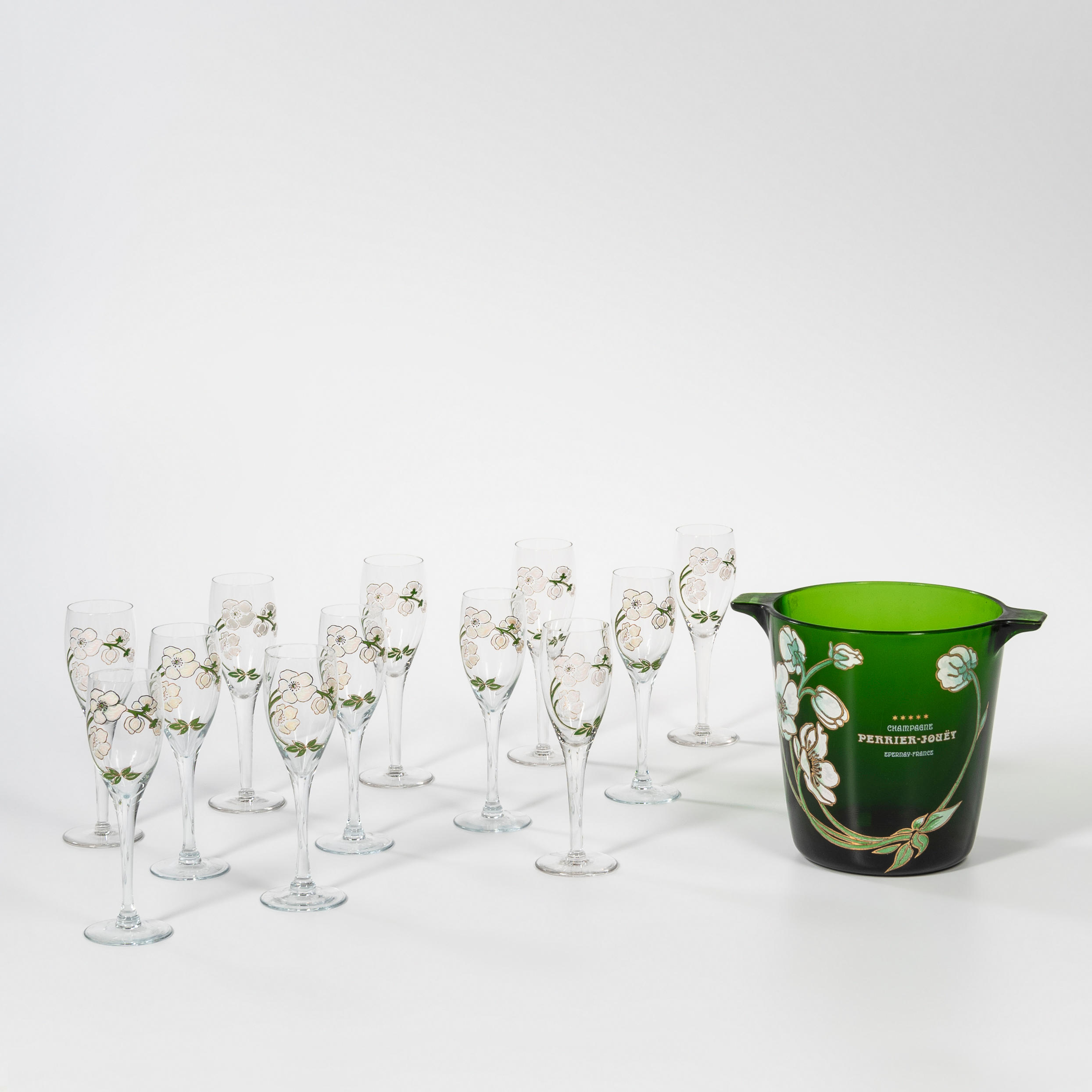 Appraisal: PERRIER-JOUET CHAMPAGNE BUCKET WITH TWELVE MATCHING FLUTES France th century