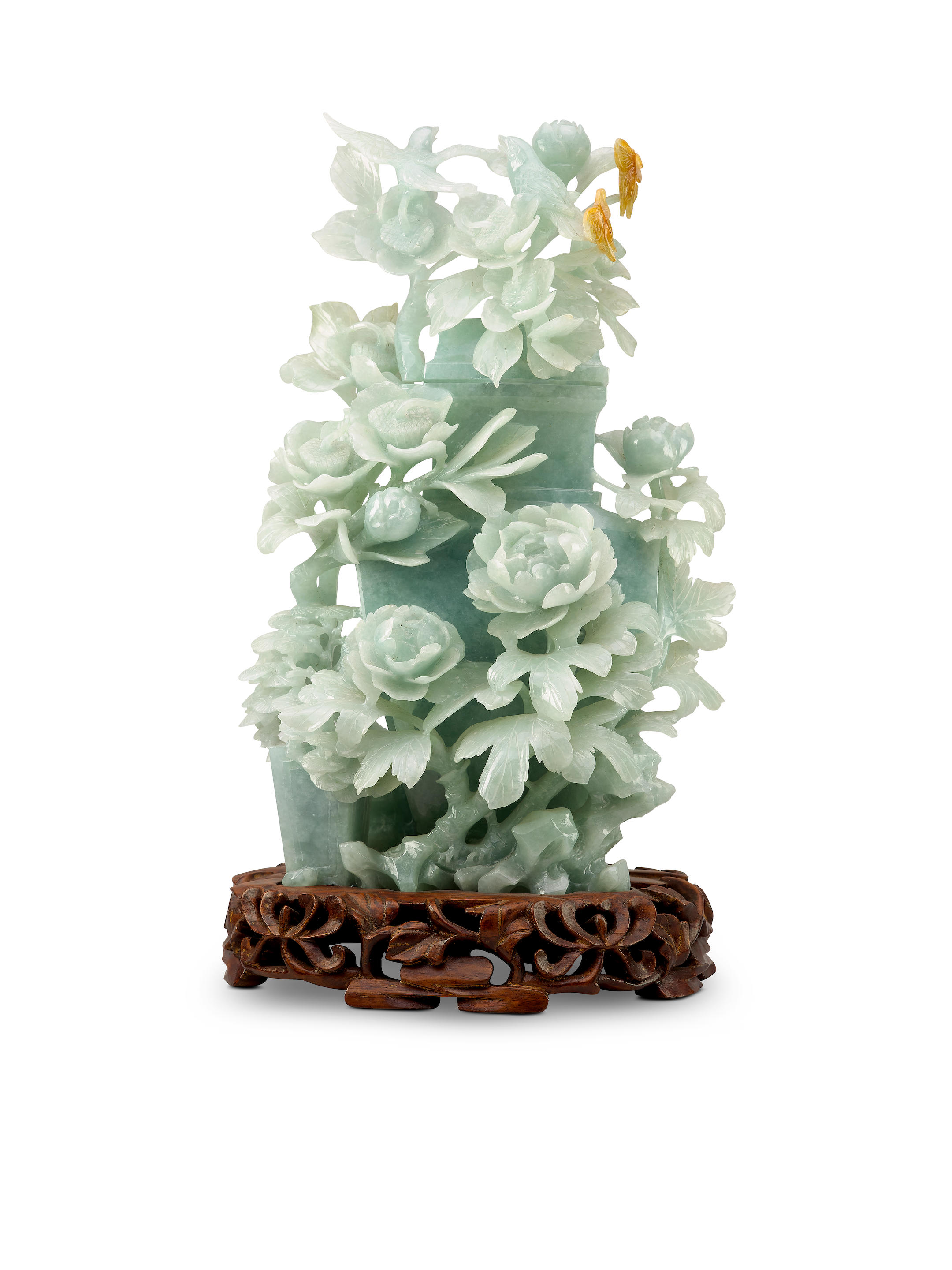 Appraisal: RETICULATED JADEITE 'PEONY' VASE ORNAMENT WITH COVER Of flattened vase