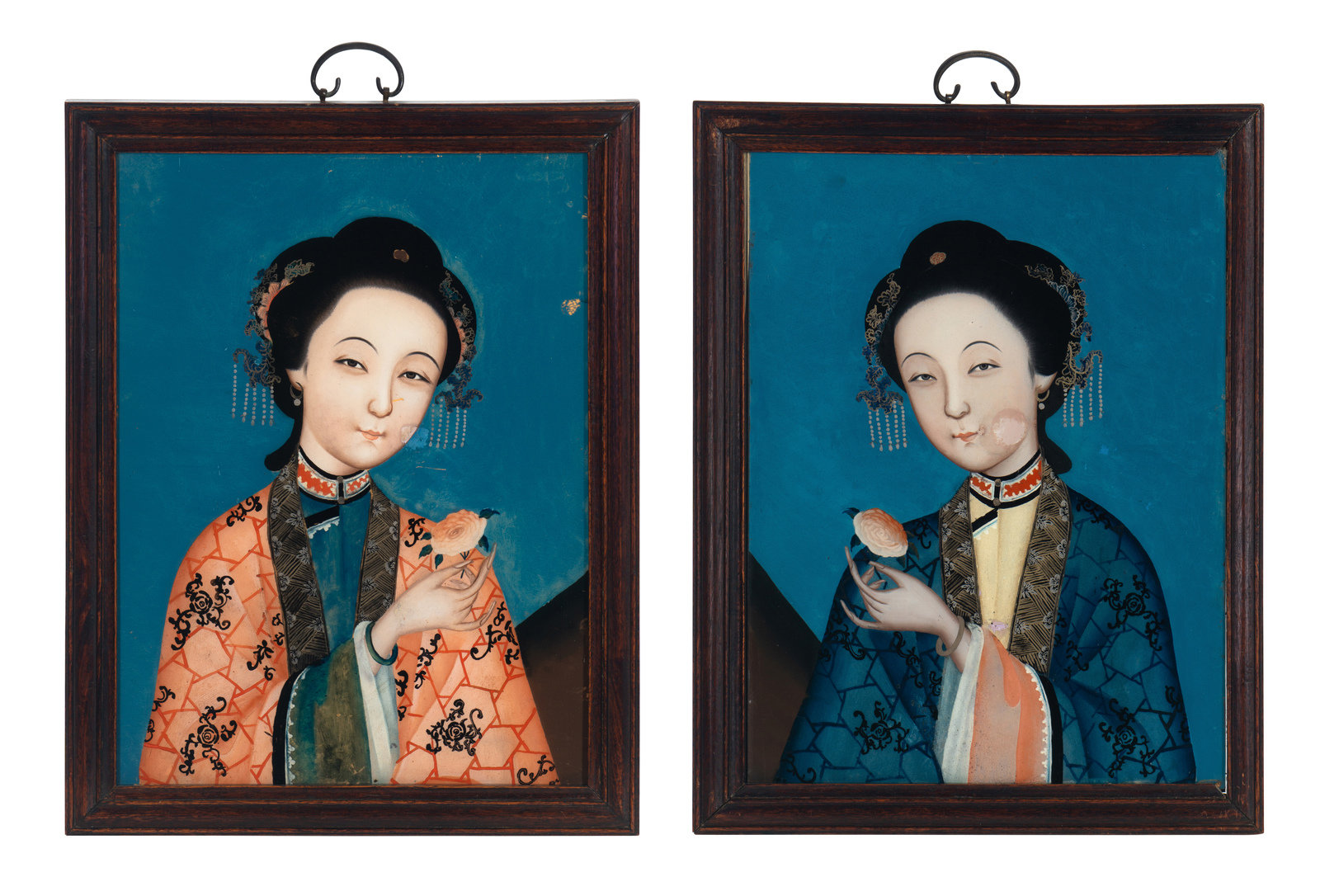 Appraisal: Two Chinese Reverse-Painted Glass Portraits Late th Early th Century