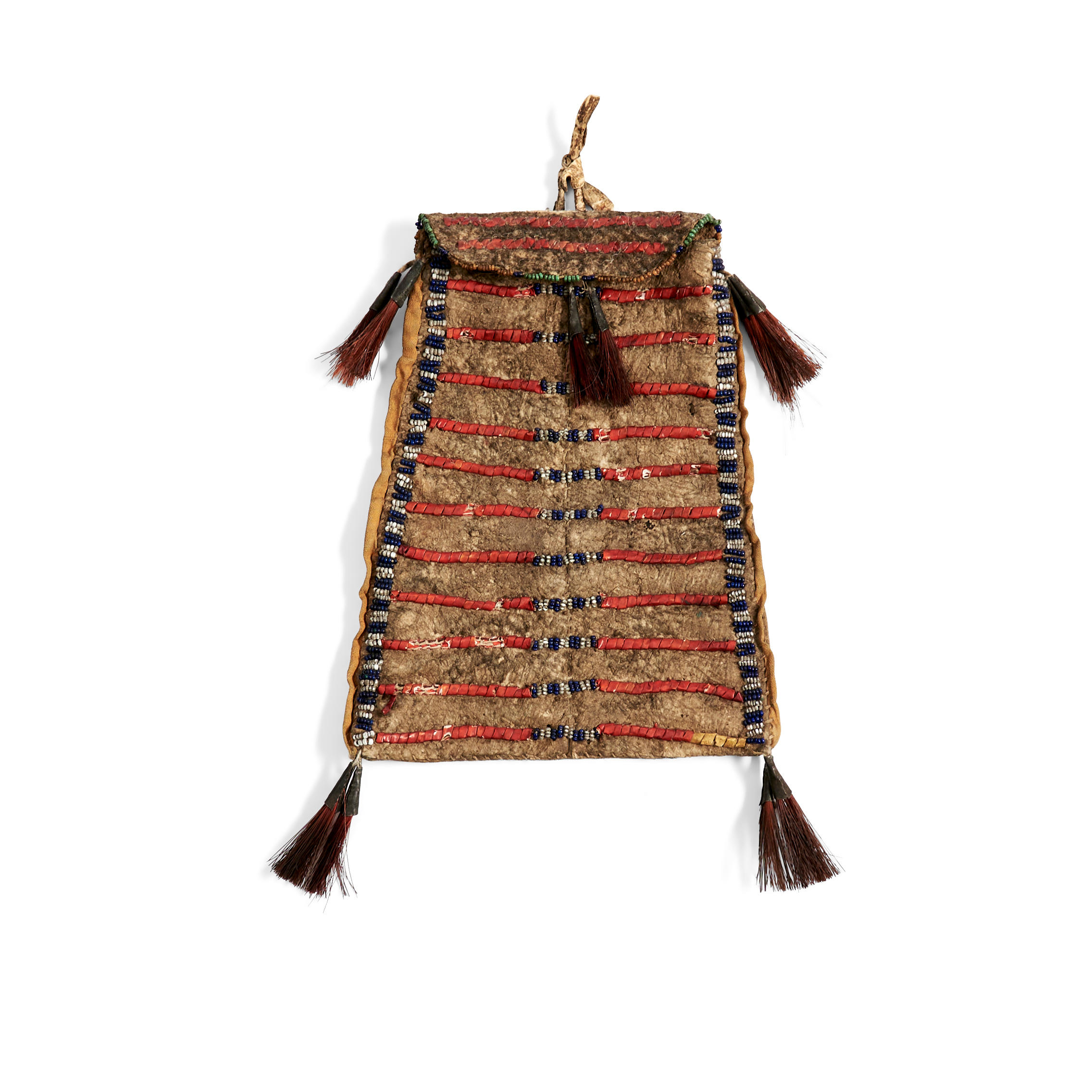 Appraisal: A PLAINS QUILLED AND BEADED HIDE BAG The front decorated