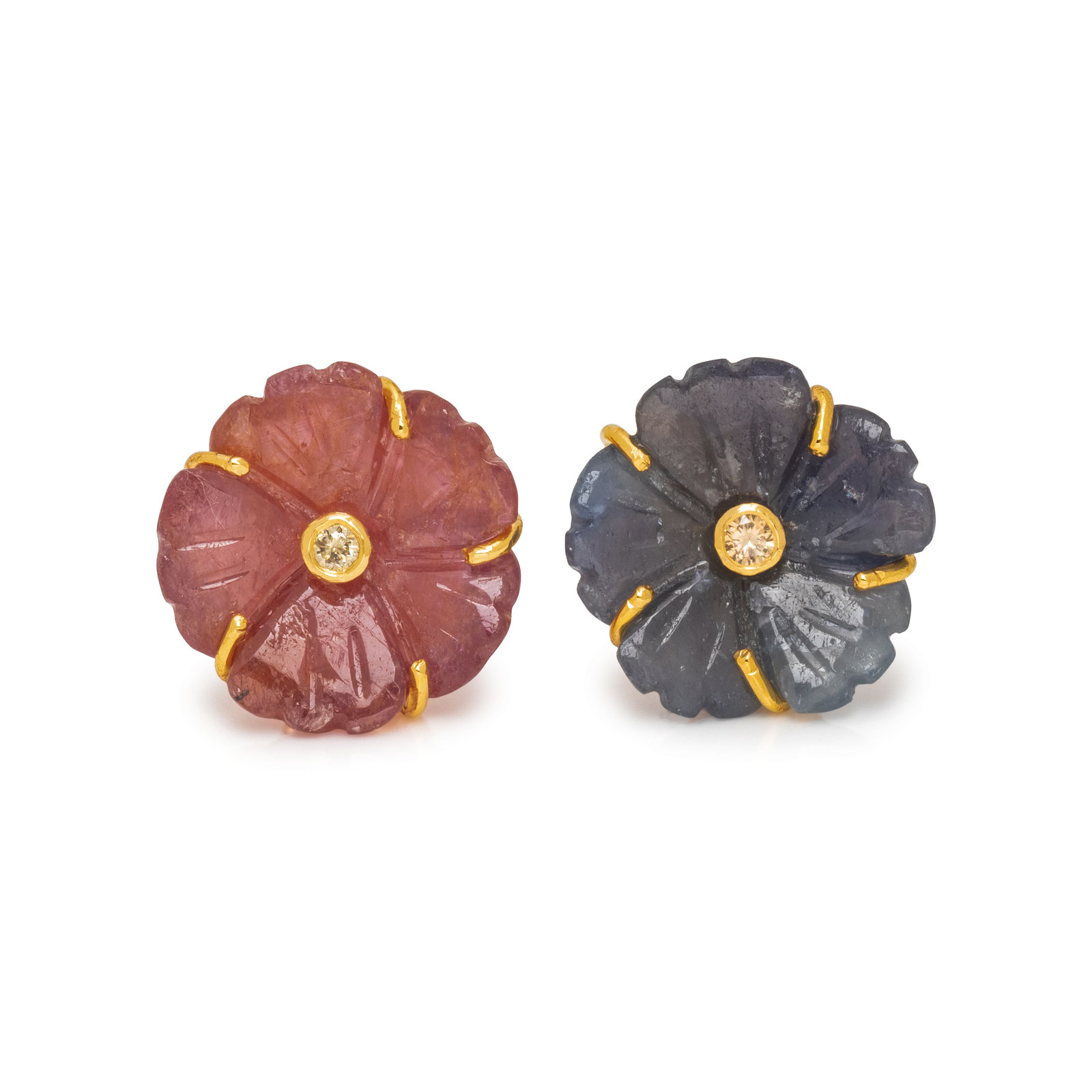 Appraisal: CARVED SAPPHIRE AND DIAMOND FLOWER EARRINGS Containing one carved pink