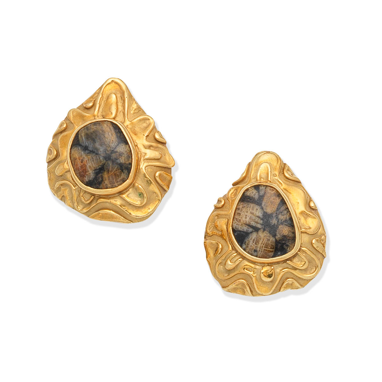 Appraisal: ELIZABETH GAGE GOLD AND HARDSTONE EARCLIPS Each set with a