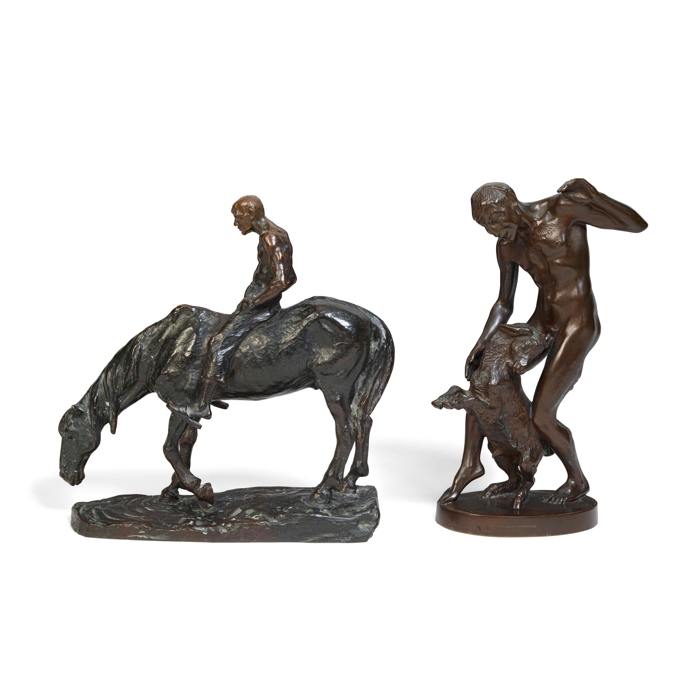 Appraisal: TWO AUSTRIAN PATINATED BRONZE FIGURAL GROUPS AN EXHAUSTED MAN ON