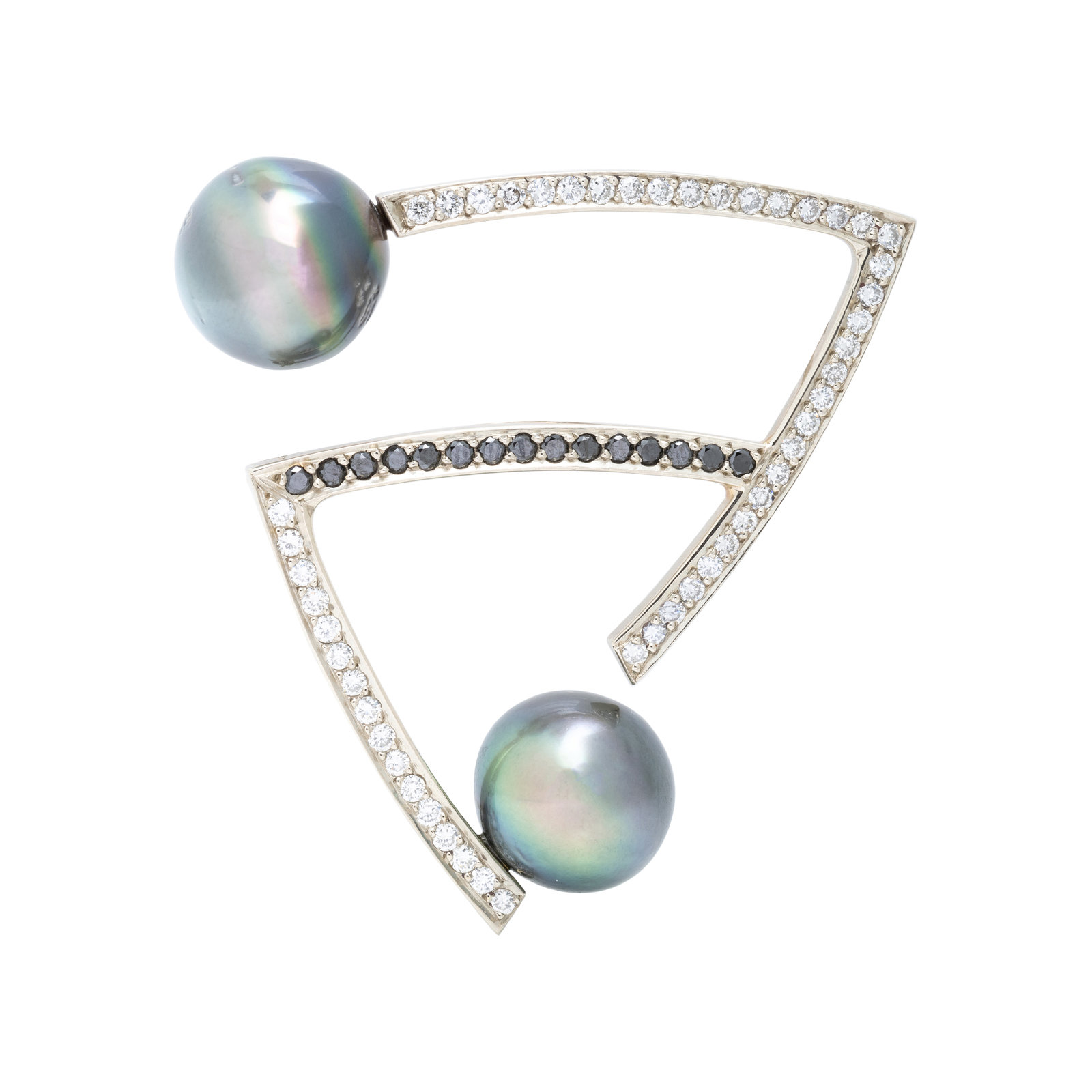 Appraisal: DIAMOND BLACK DIAMOND AND CULTURED TAHITIAN PEARL BROOCH Containing round