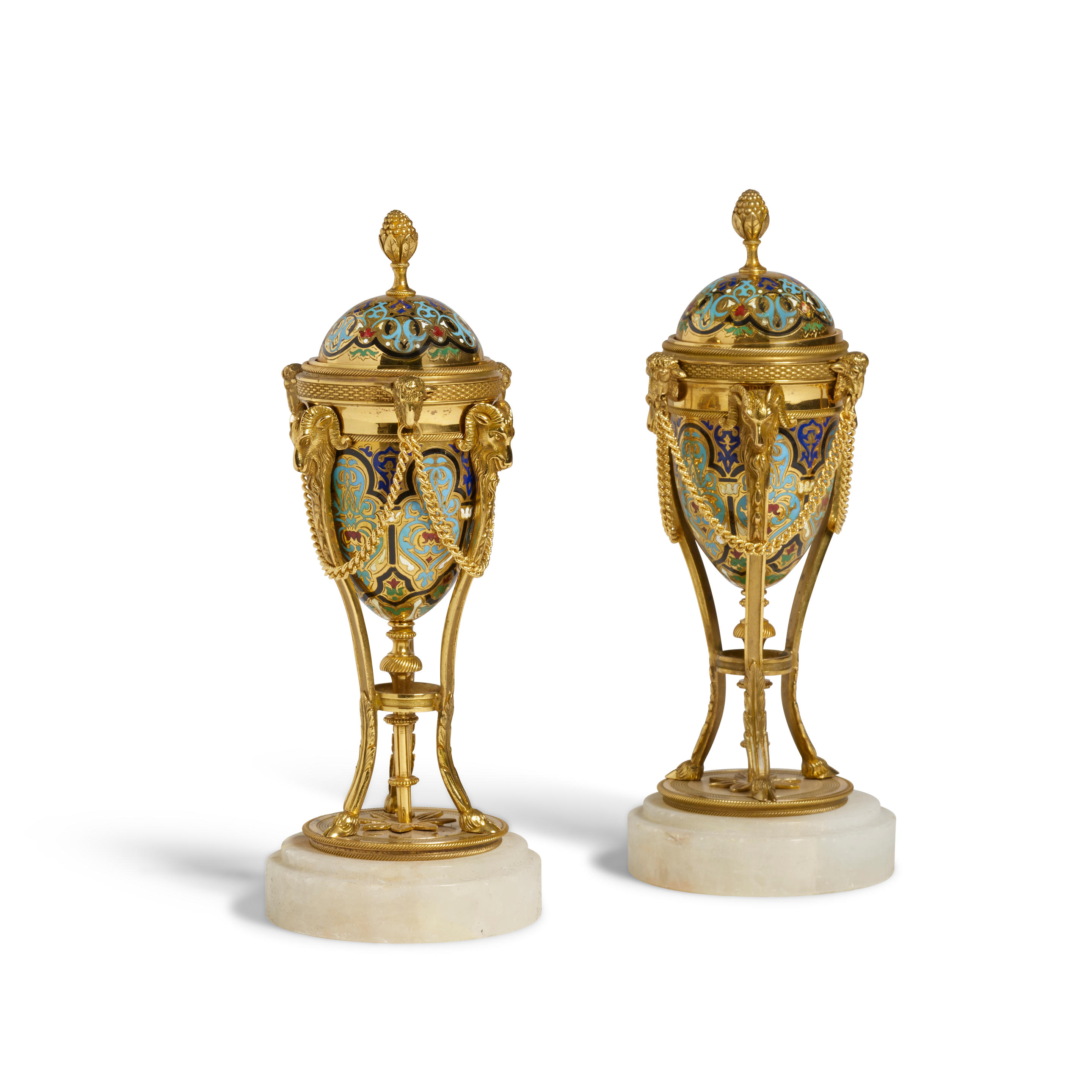 Appraisal: A PAIR OF FRENCH CHAMPLEV GILT BRONZE AND MARBLE CASSOLETTES