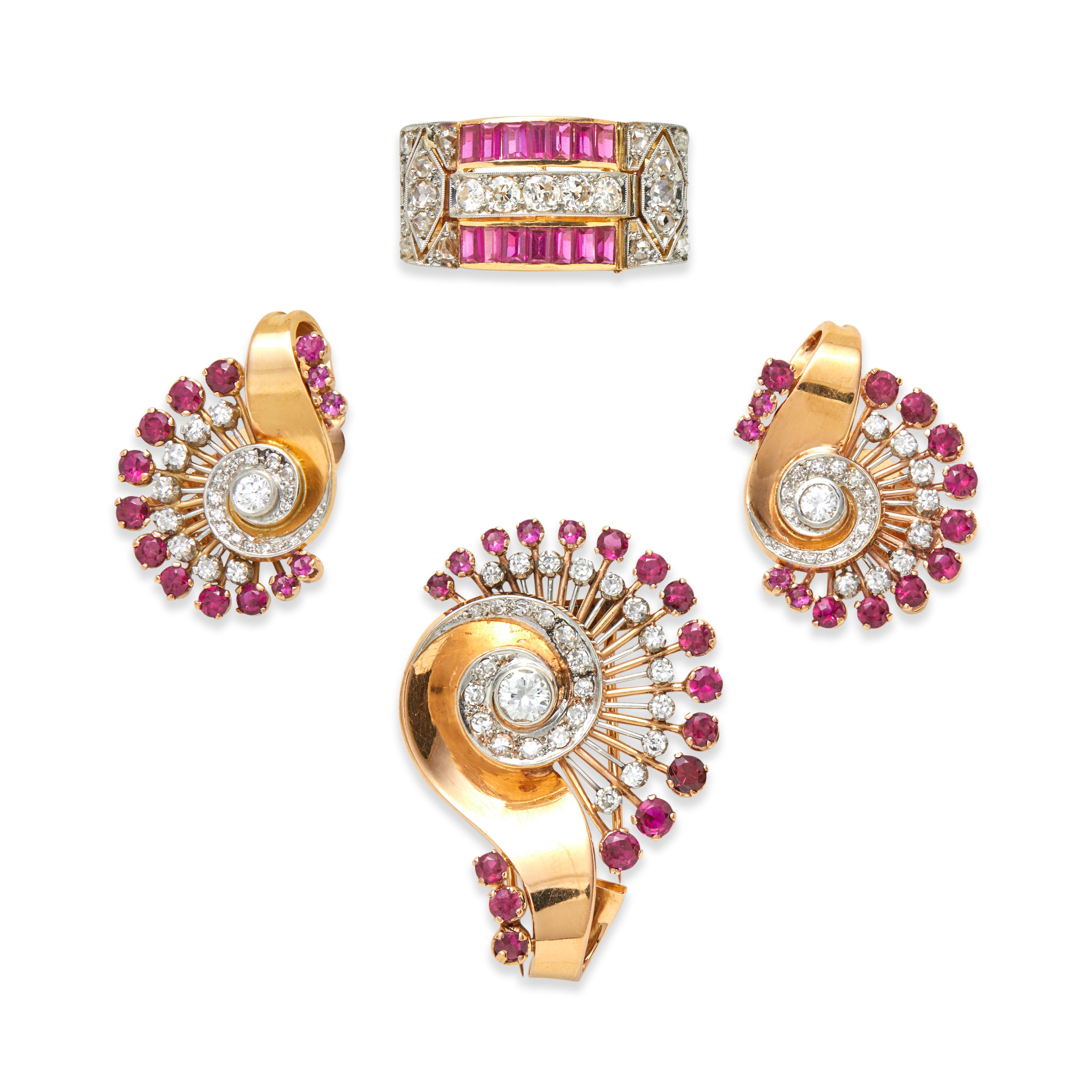 Appraisal: A RETRO GOLD SYNTHETIC RUBY AND DIAMOND SUITE Comprising a