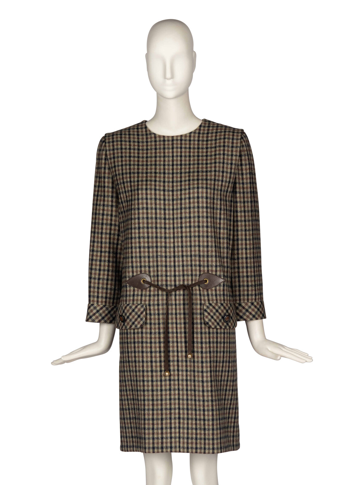 Appraisal: Pierre Cardin Haute Couture Plaid Dress With Leather Details Long-sleeve