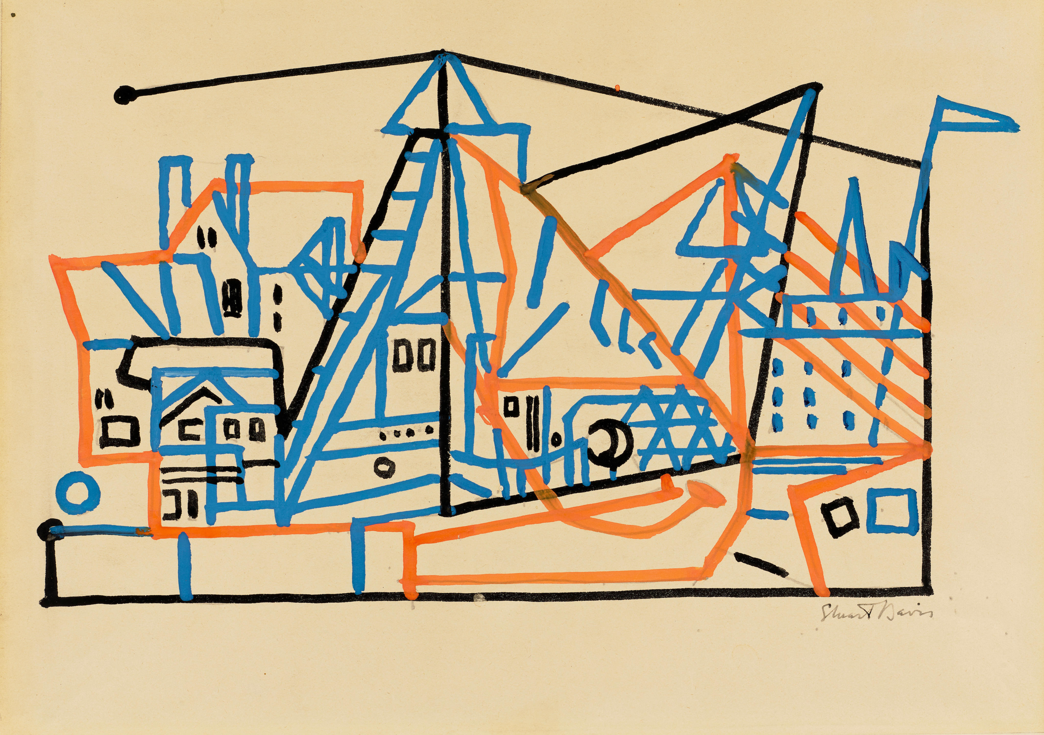 Appraisal: STUART DAVIS - Town and Boats signed 'Stuart Davis' lower