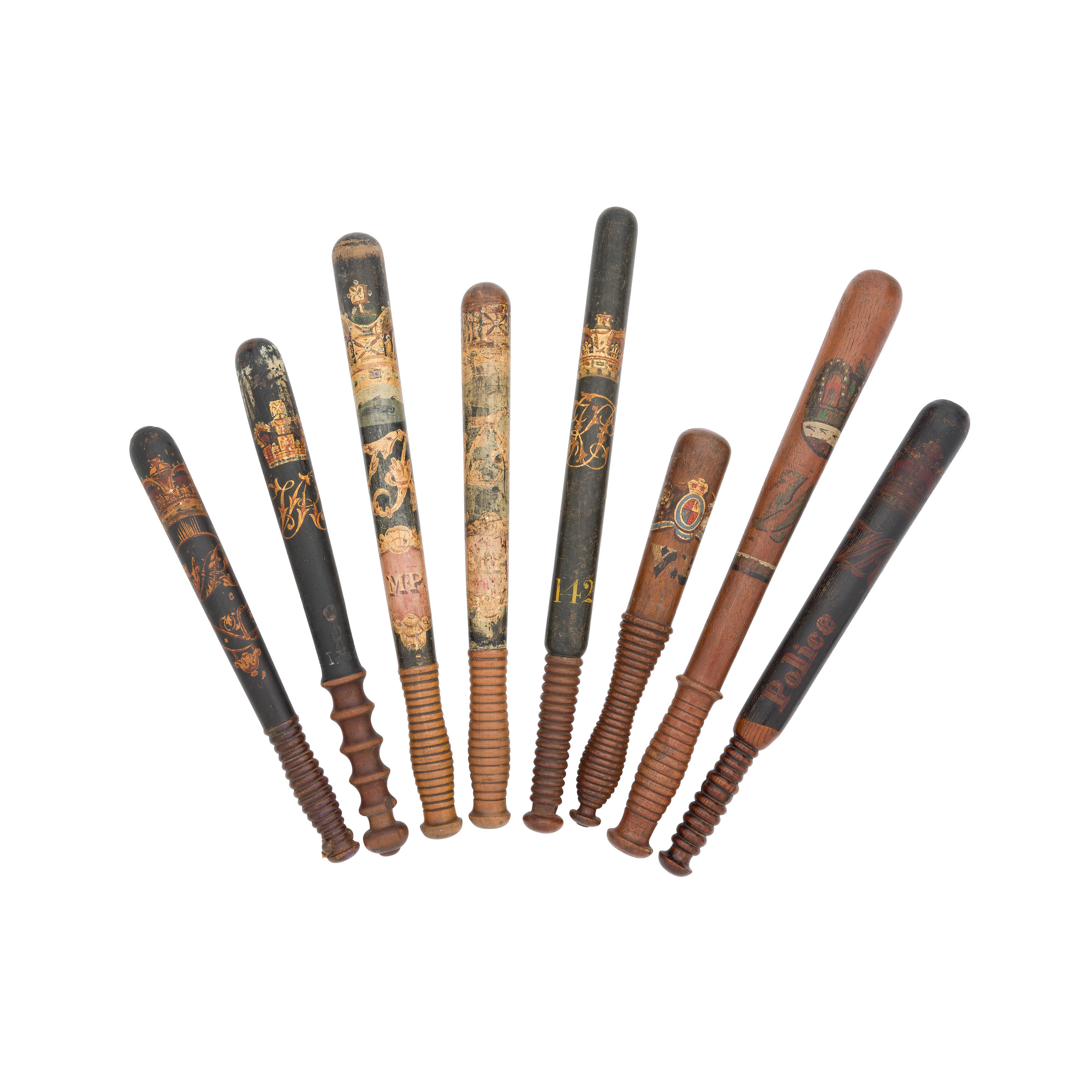 Appraisal: EIGHT VICTORIAN CONSTABULARY TRUNCHEONS ALL TH CENTURY Each of hardwood